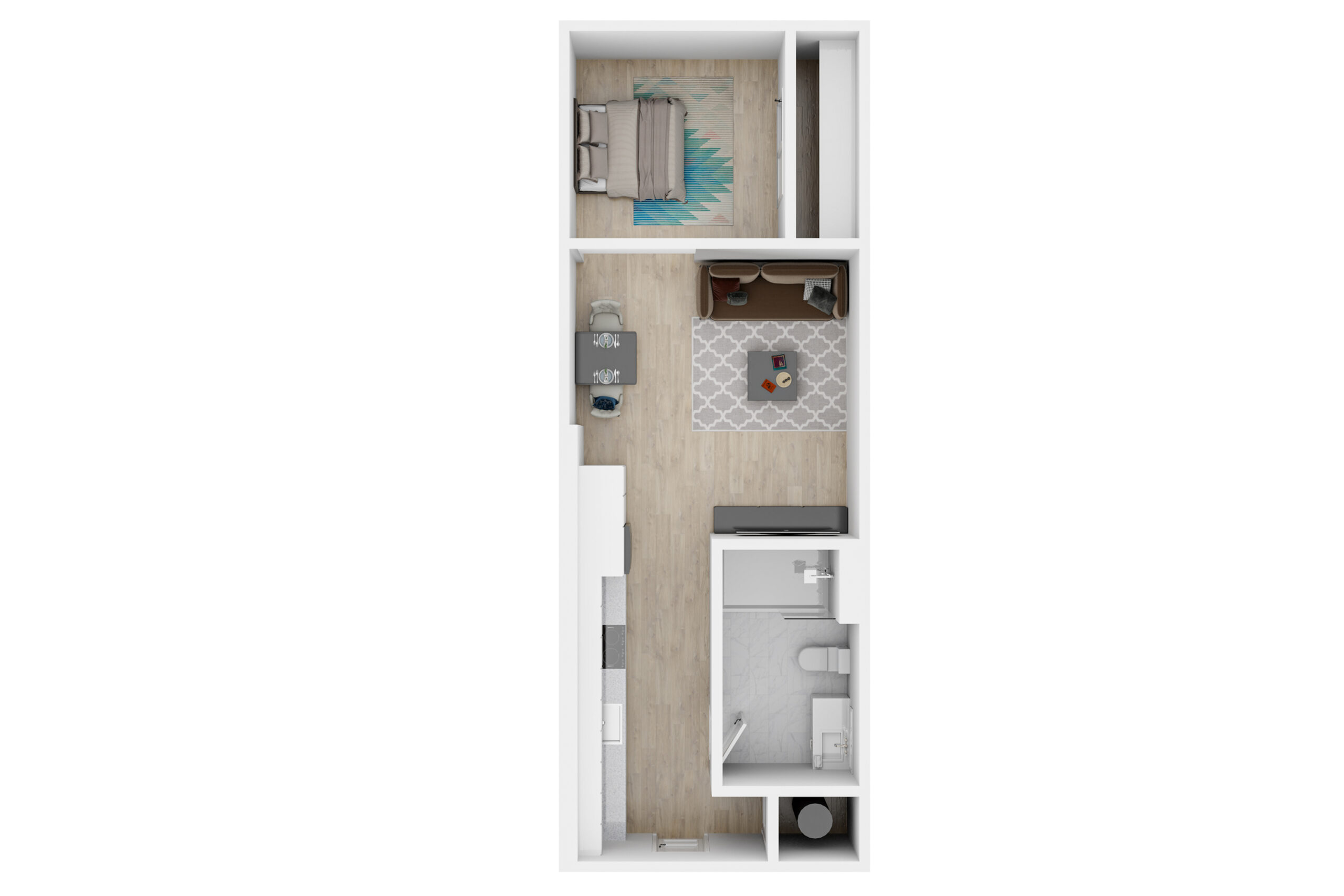A 3D image of the Studio – Goodman floorplan, a 455 squarefoot, 0 bed / 1 bath unit