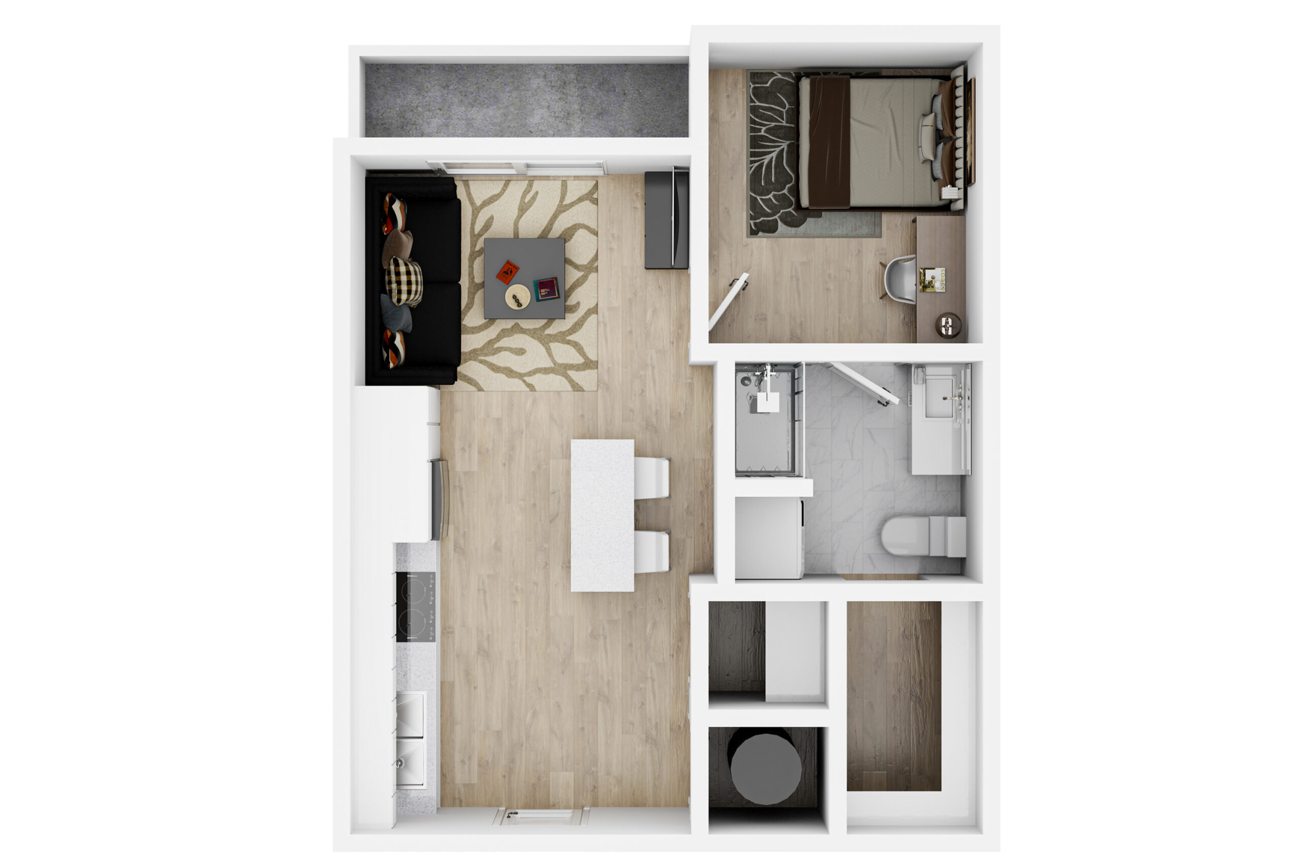 A 3D image of the 1BR/1BA – Harper floorplan, a 647 squarefoot, 1 bed / 1 bath unit