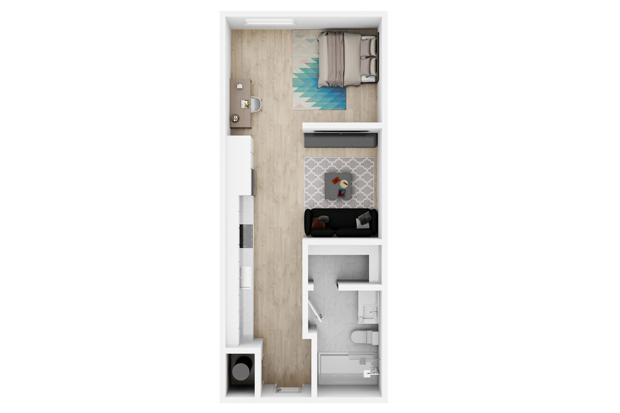 A 3D image of the Studio – Hubble floorplan, a 425 squarefoot, 0 bed / 1 bath unit
