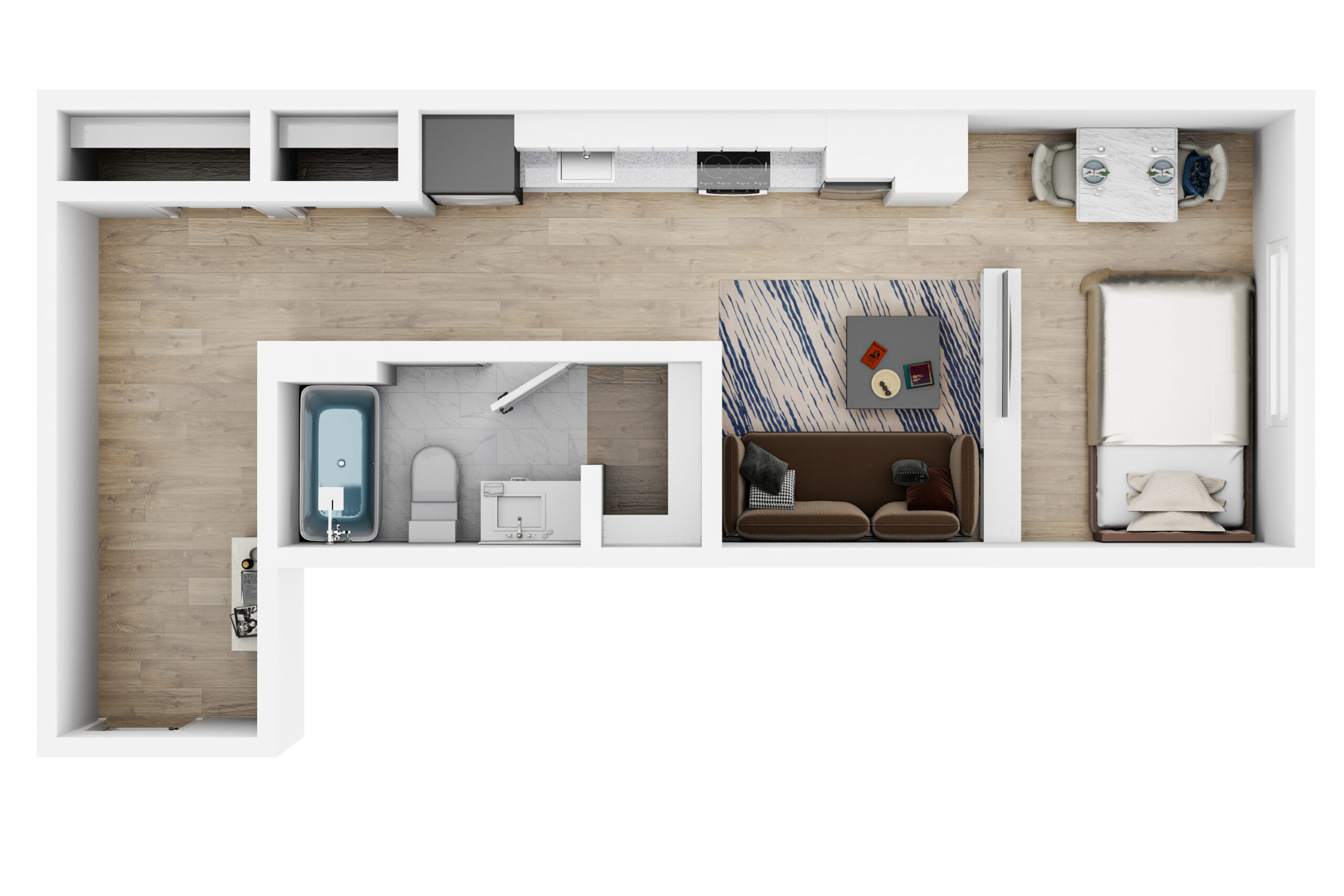 A 3D image of the Studio – Morris floorplan, a 563 squarefoot, 0 bed / 1 bath unit