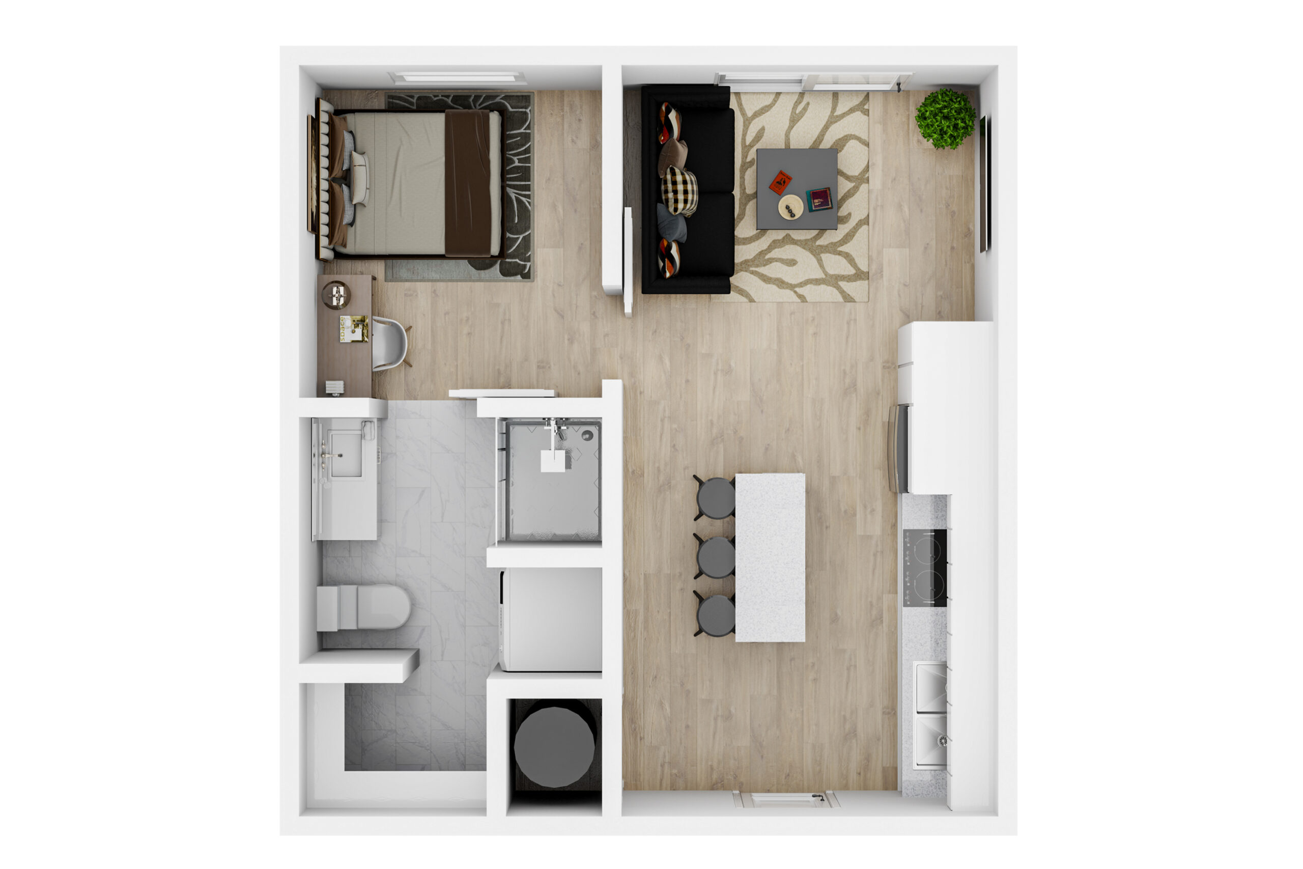 A 3D image of the 1BR/1BA  – Stack floorplan, a 493 squarefoot, 1 bed / 1 bath unit