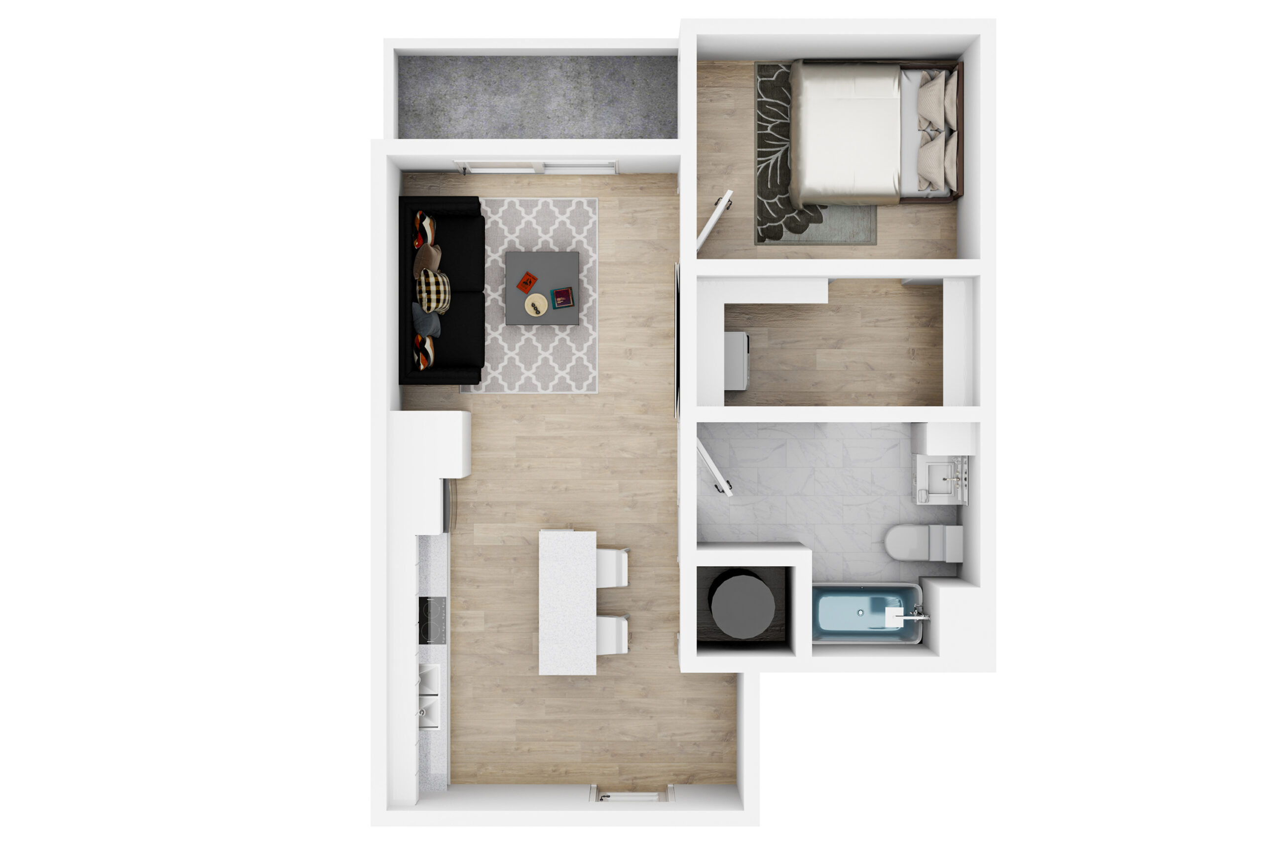 A 3D image of the 1BR/1BA  – Stiles floorplan, a 690 squarefoot, 1 bed / 1 bath unit