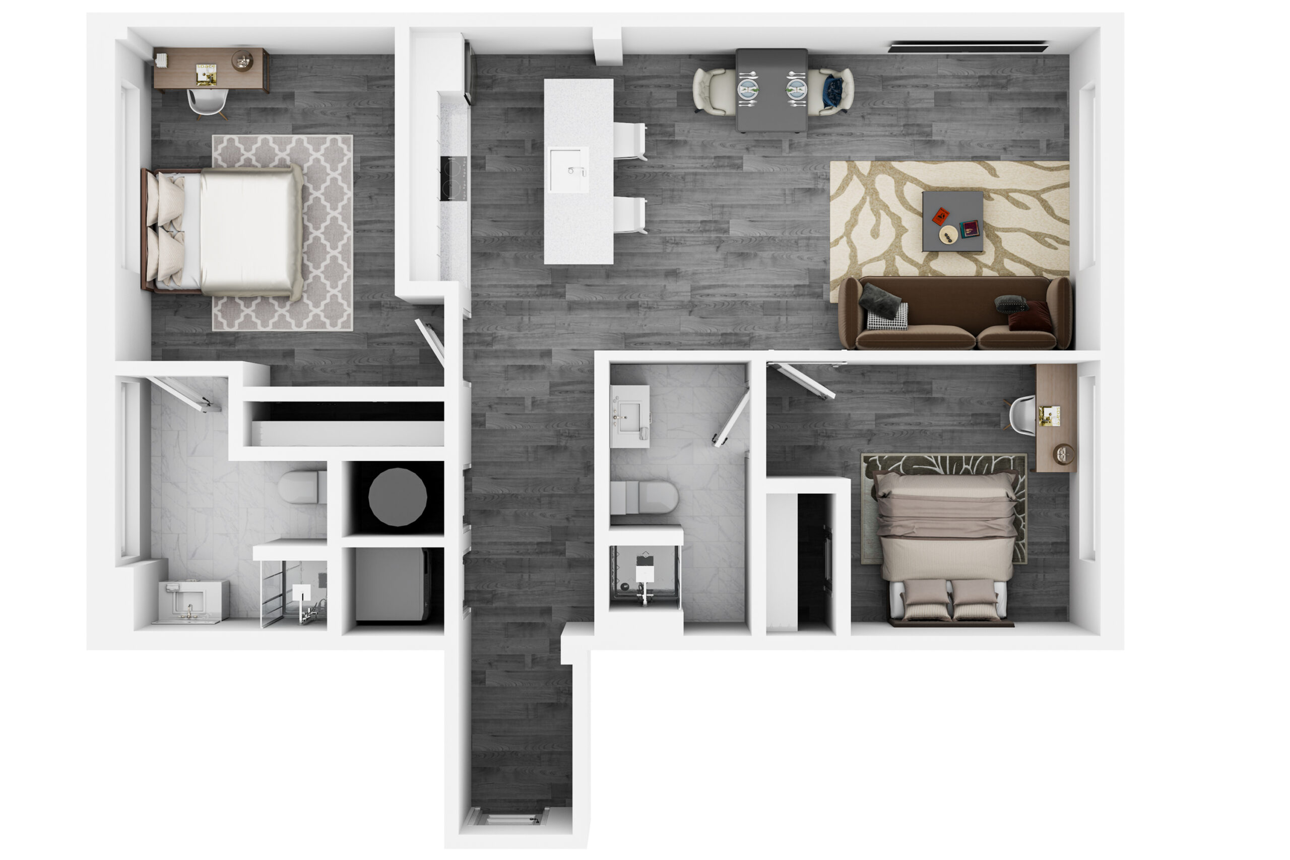 A 3D image of the 2BR/2BA – Colonial floorplan, a 1188 squarefoot, 2 bed / 2 bath unit