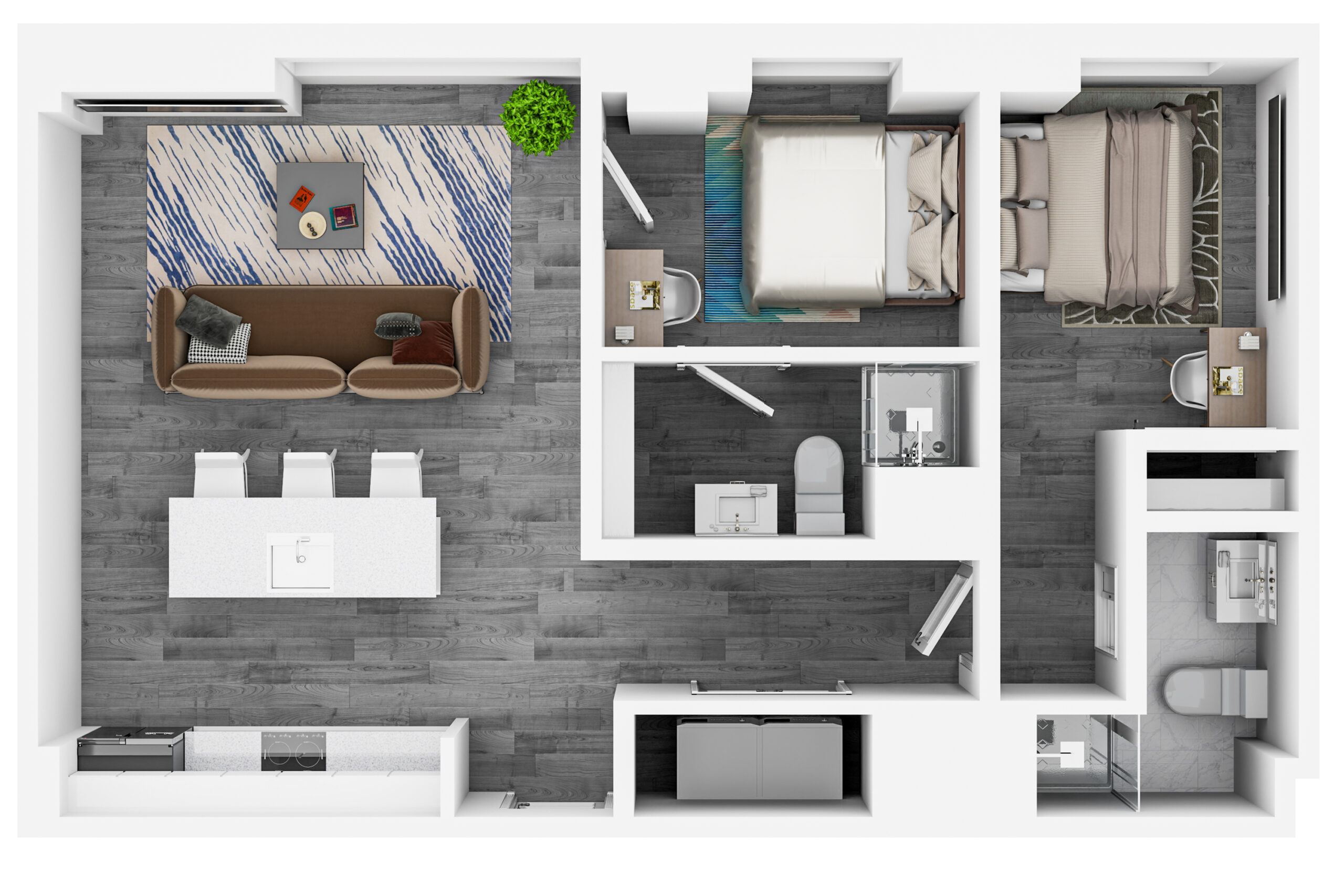 A 3D image of the 2BR/2BA – Gillioz floorplan, a 773 squarefoot, 2 bed / 2 bath unit