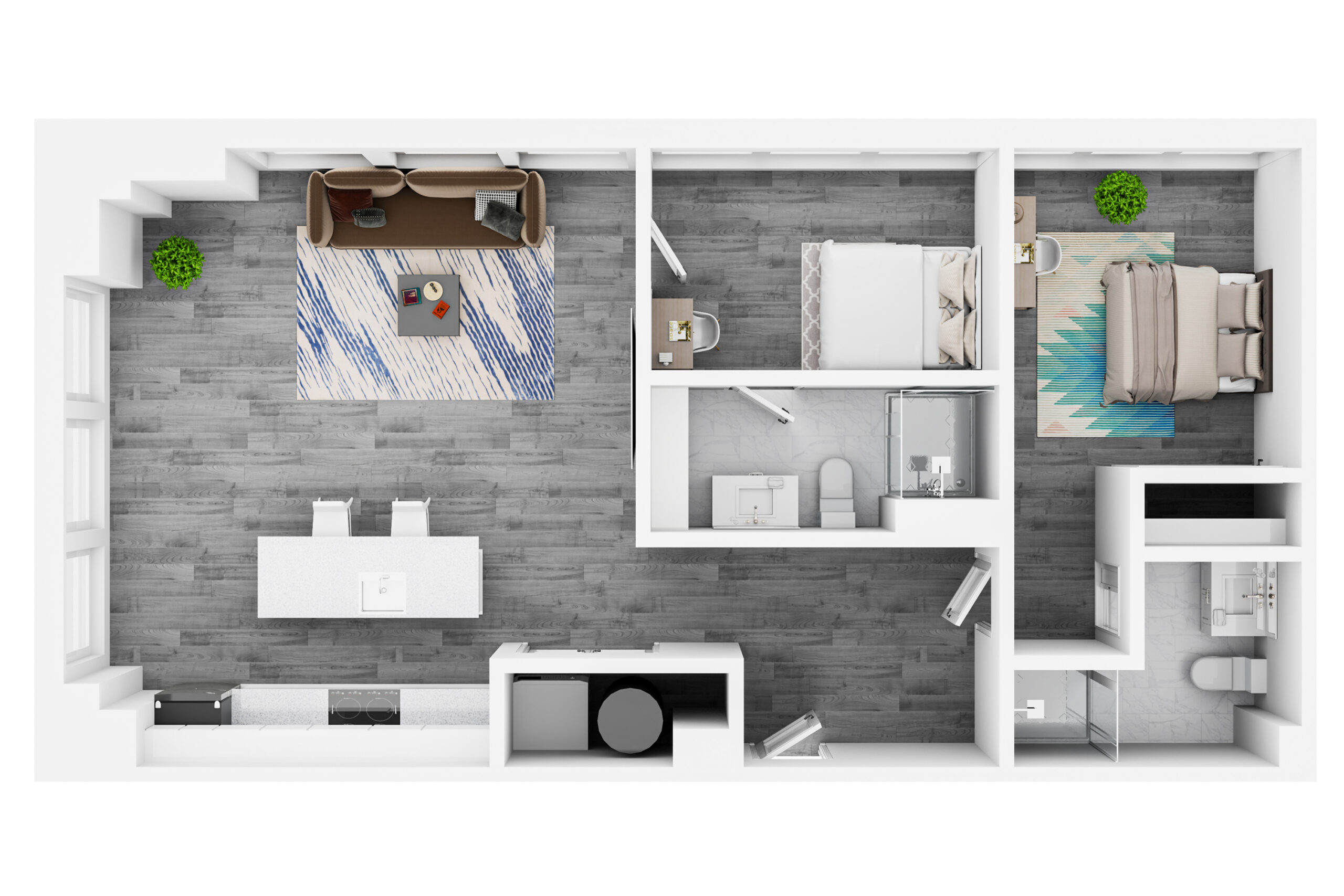 A 3D image of the 2BR/2BA – Kentwood floorplan, a 822 squarefoot, 2 bed / 2 bath unit