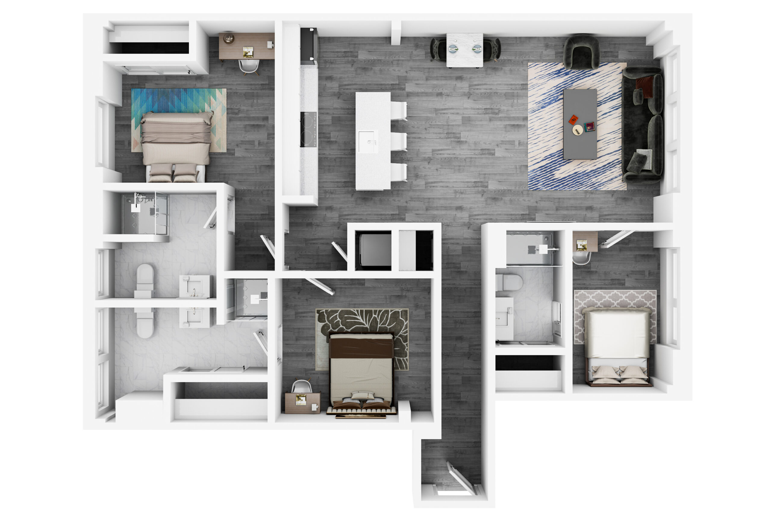 A 3D image of the 3BR/3BA – Sixty Six floorplan, a 1181 squarefoot, 3 bed / 3 bath unit