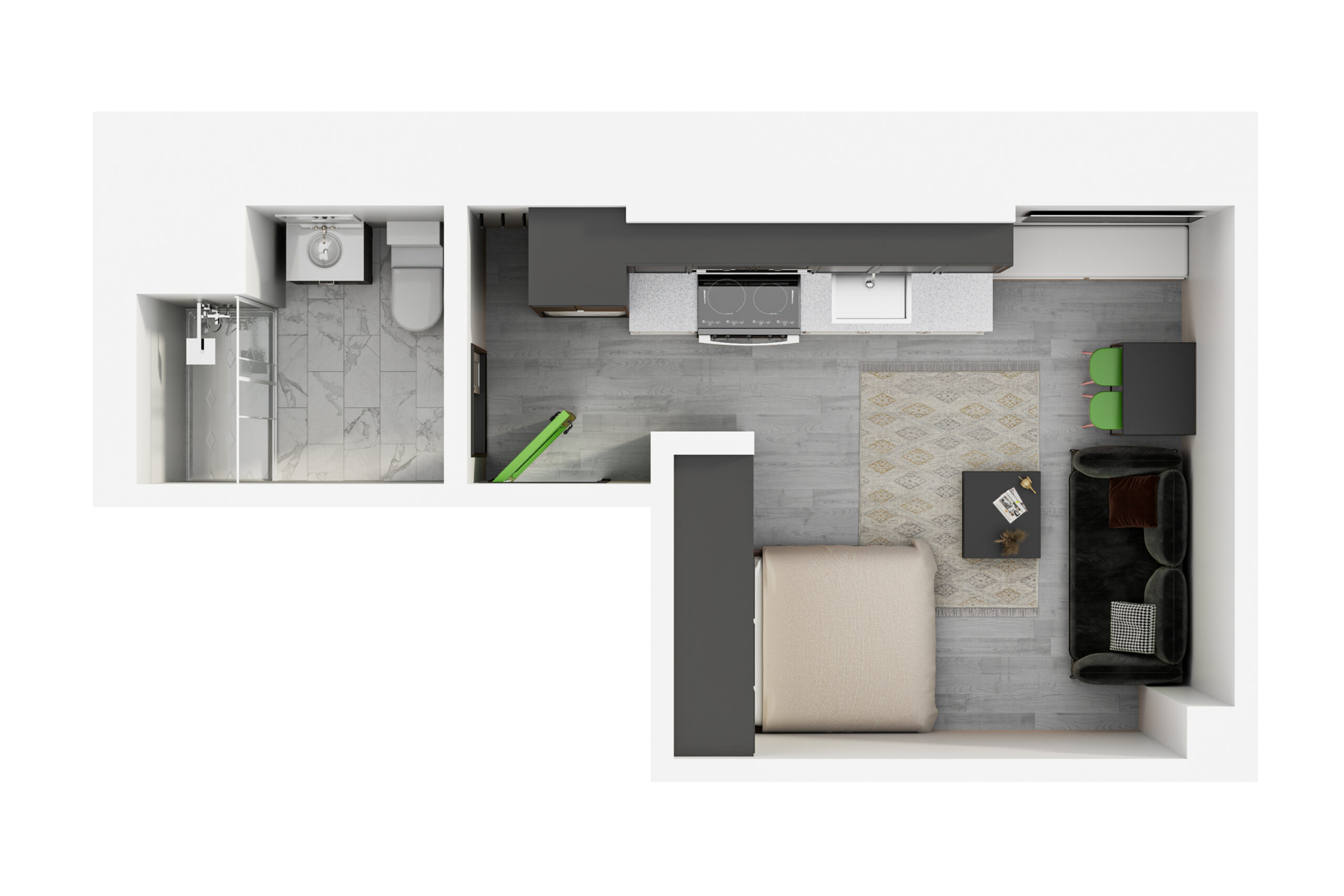 A 3D image of the Studio – The Angelina floorplan, a 340 squarefoot, 0 bed / 1 bath unit