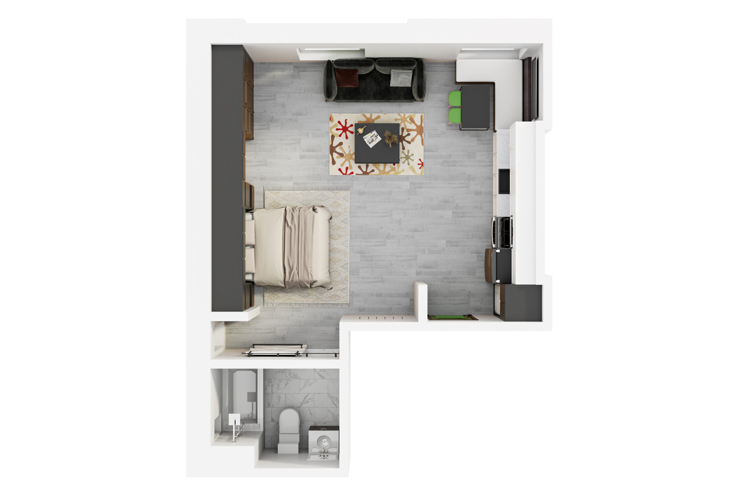 A 3D image of the Studio – The Branch floorplan, a 438 squarefoot, 0 bed / 1 bath unit
