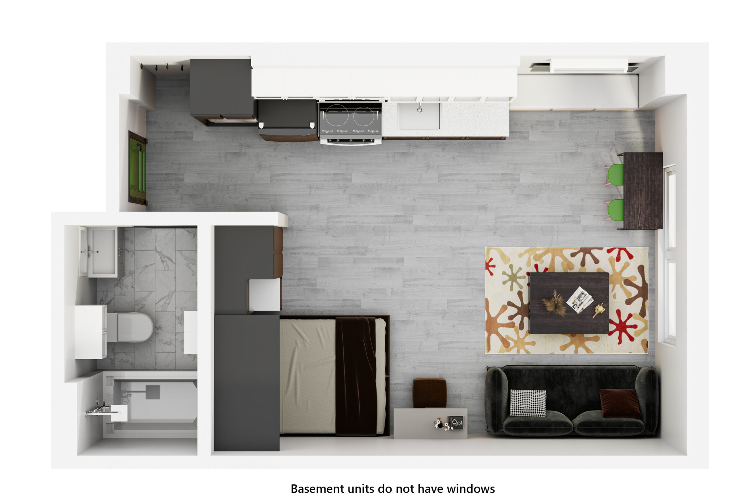 A 3D image of the Studio – The Miller floorplan, a 324 squarefoot, 0 bed / 1 bath unit