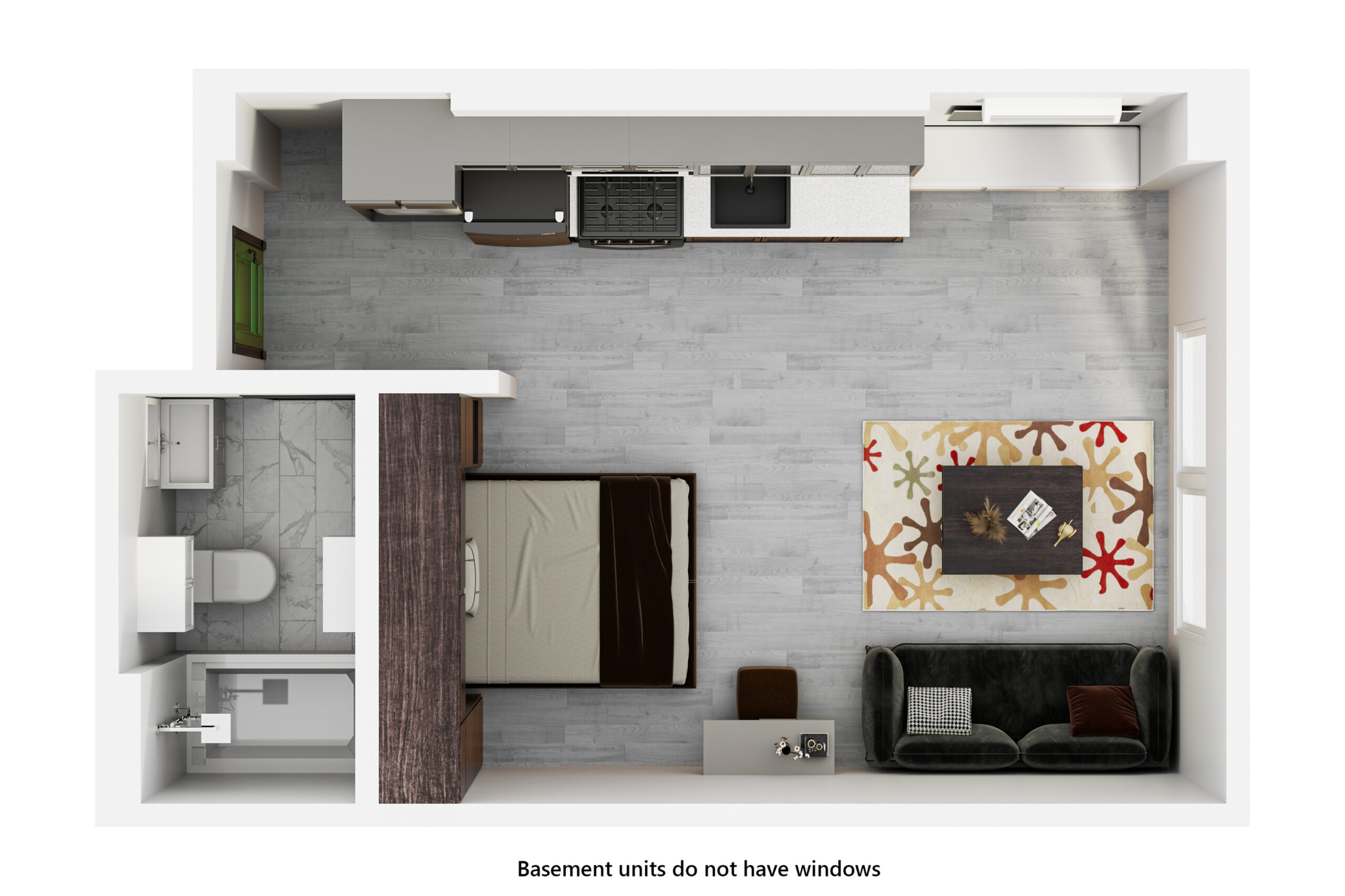A 3D image of the Studio – The Remler floorplan, a 319 squarefoot, 0 bed / 1 bath unit