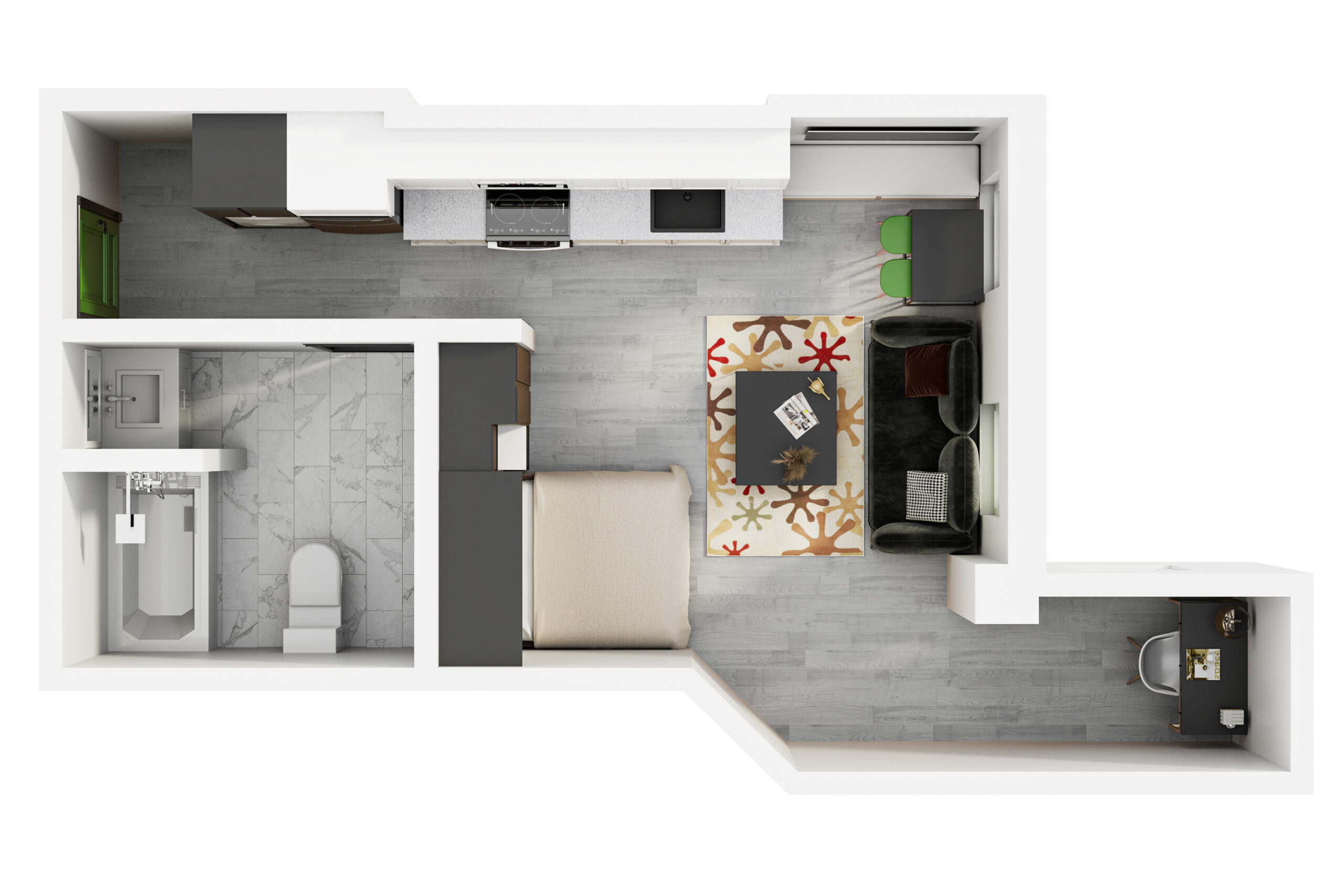 A 3D image of the Studio – The Reppio floorplan, a 306 squarefoot, 0 bed / 1 bath unit