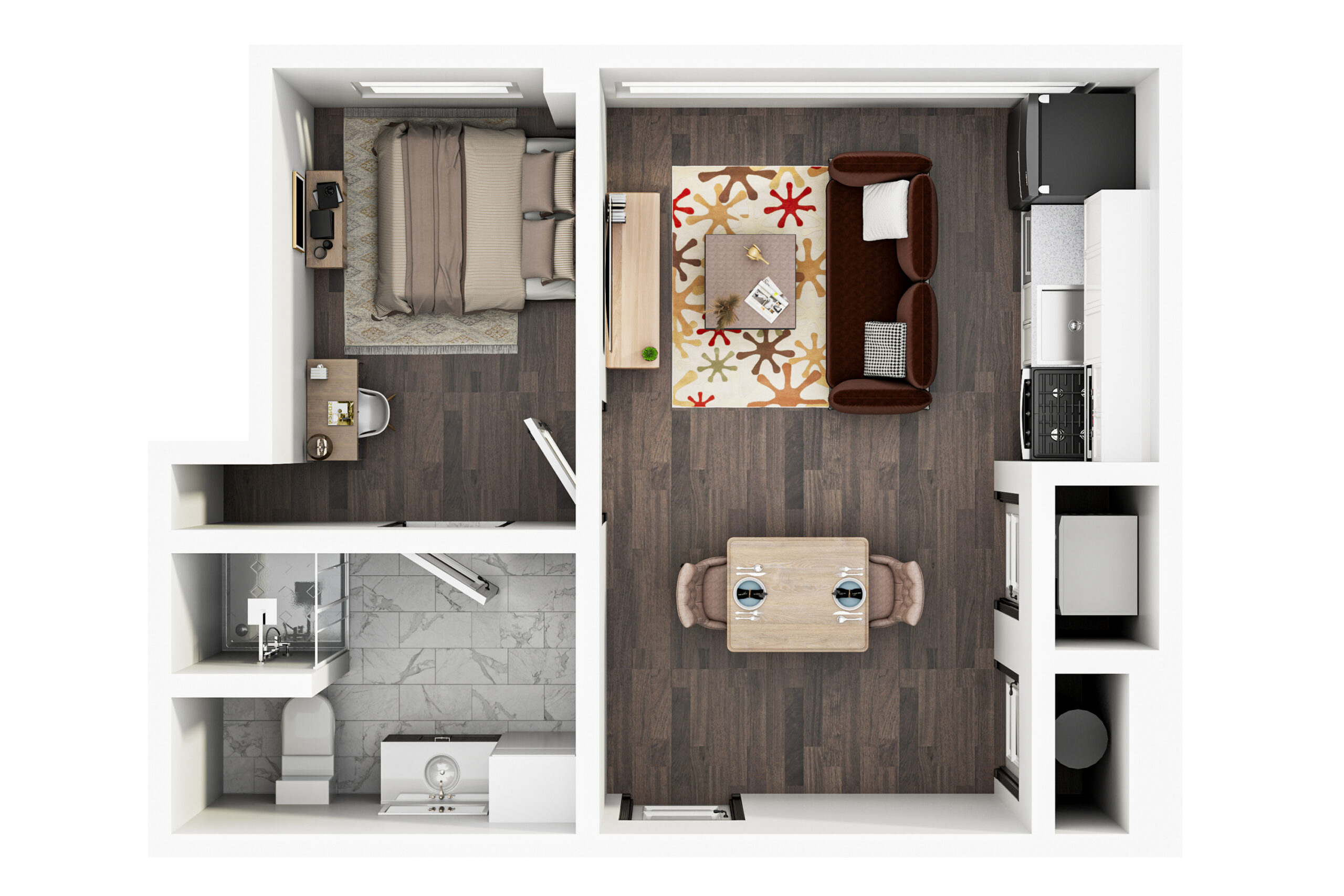 A 3D image of the 1BR/1BA – The McDaniel floorplan, a 636 squarefoot, 1 bed / 1 bath unit