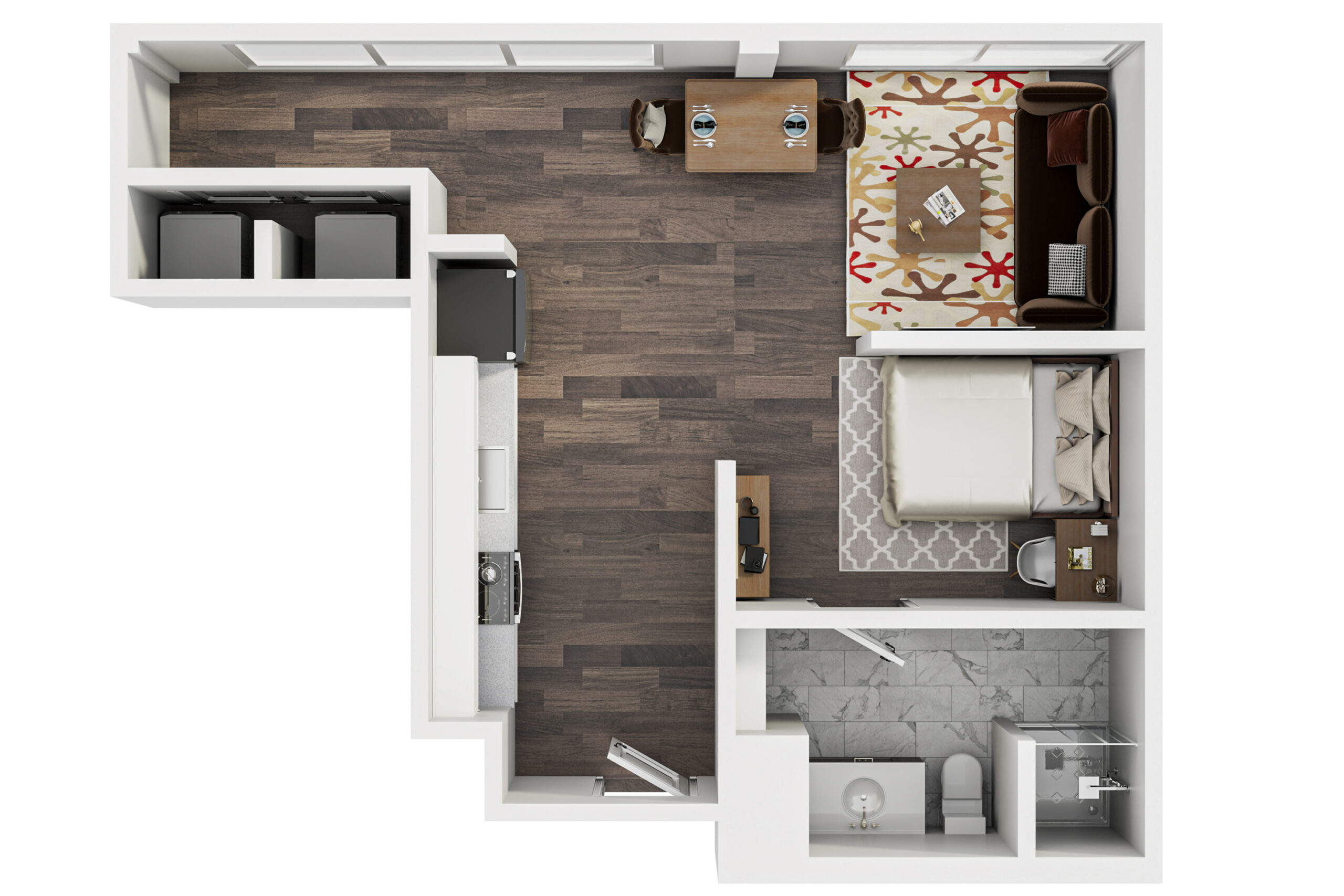 A 3D image of the 1BR/1BA – The Terrazo floorplan, a 506 squarefoot, 1 bed / 1 bath unit