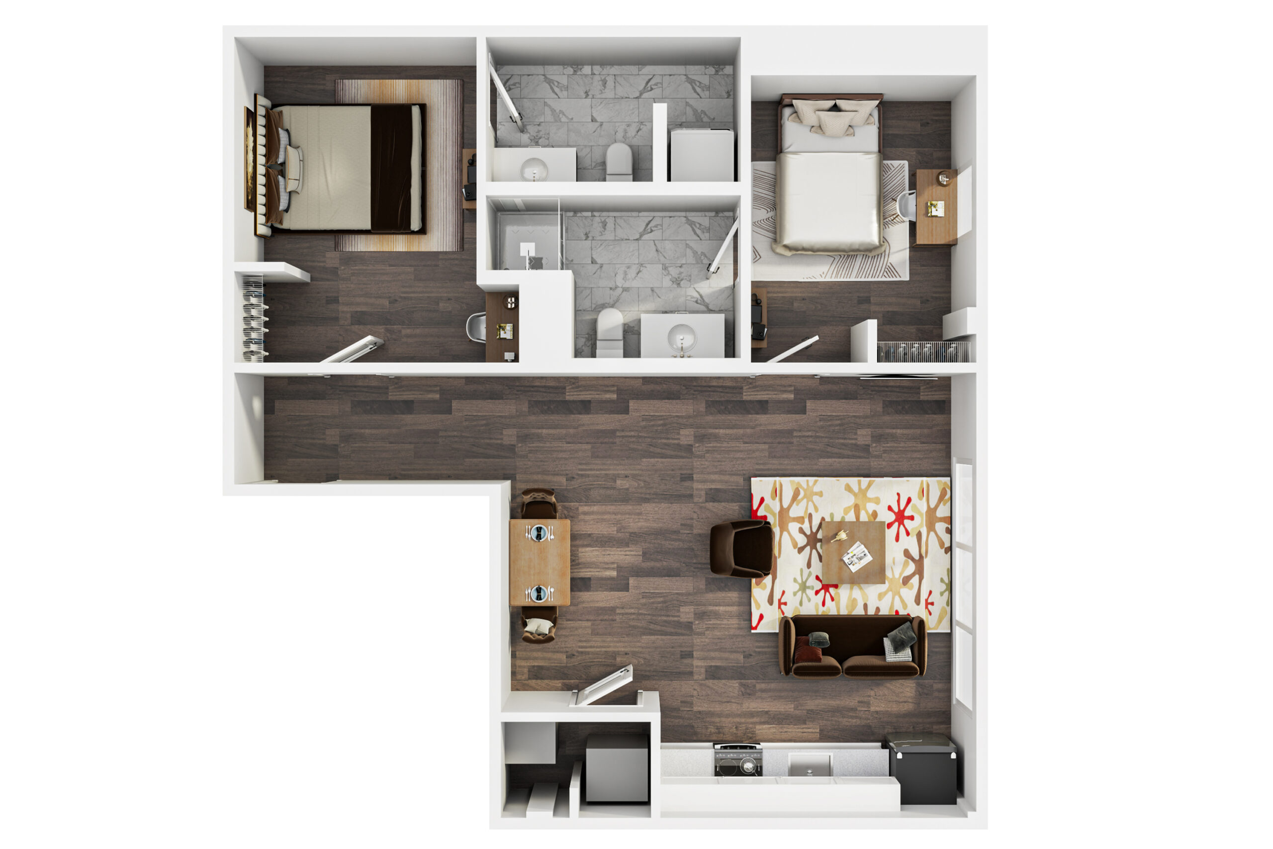A 3D image of the 2BR/2BA – The 1911 floorplan, a 861 squarefoot, 2 bed / 2 bath unit