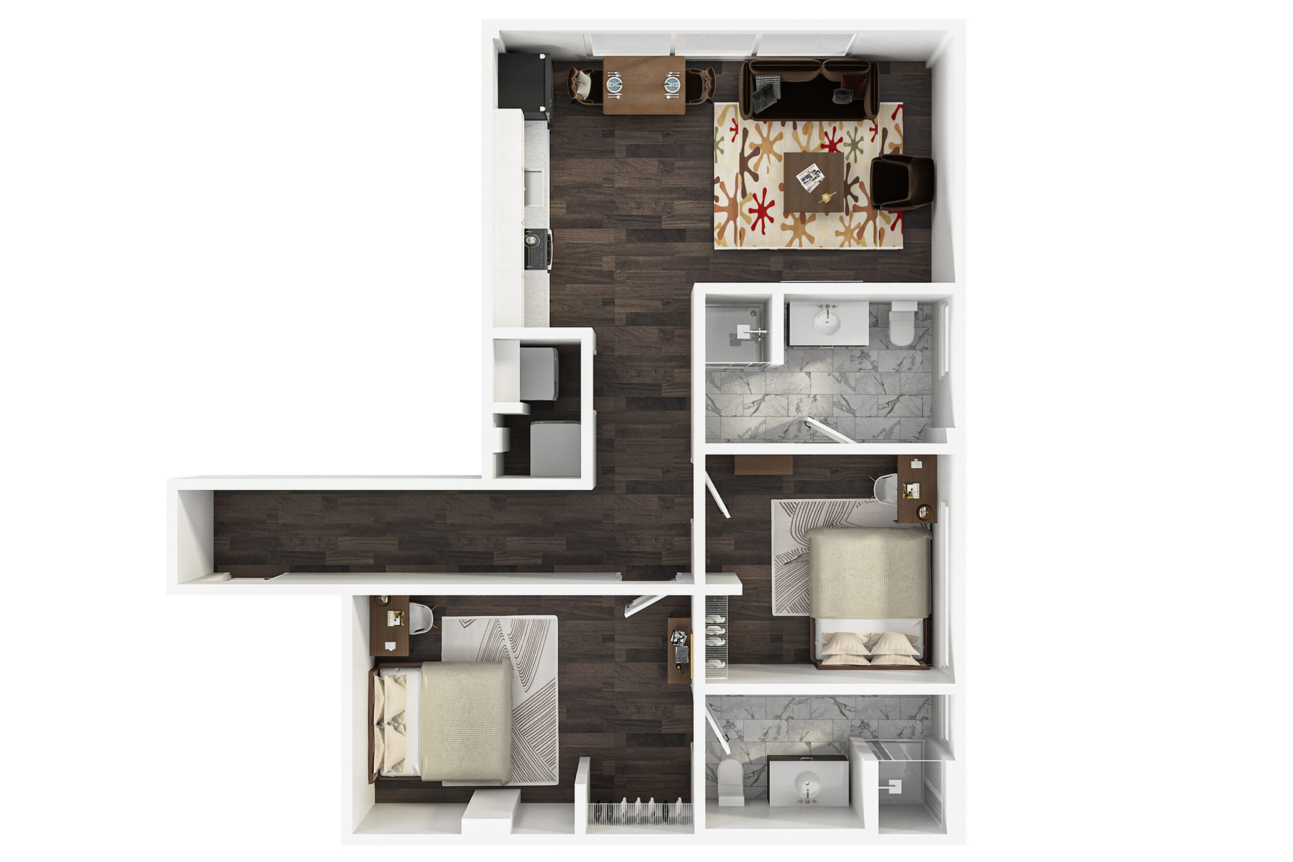 A 3D image of the 2BR/2BA – The Curtain floorplan, a 847 squarefoot, 2 bed / 2 bath unit