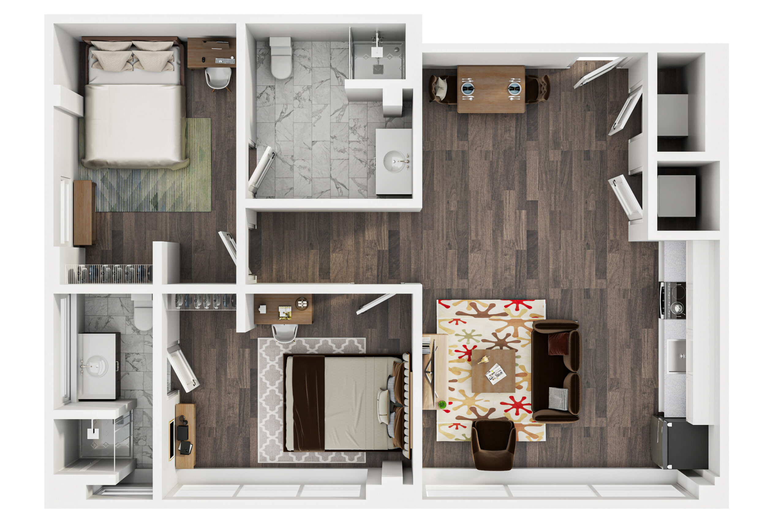 A 3D image of the 2BR/2BA – The Kirkenmeyer floorplan, a 871 squarefoot, 2 bed / 2 bath unit