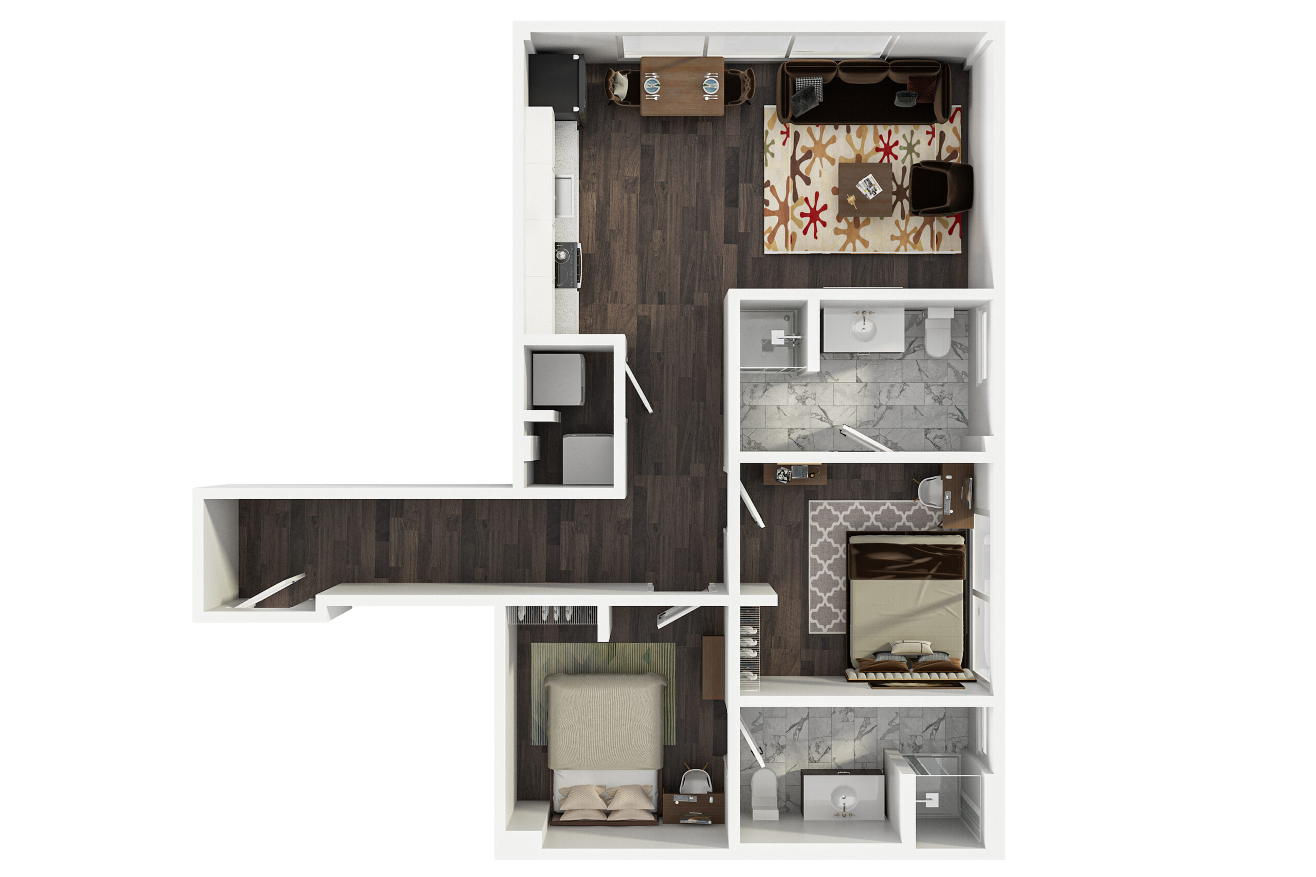 A 3D image of the 2BR/2BA – The Sixty-One floorplan, a 709 squarefoot, 2 bed / 2 bath unit