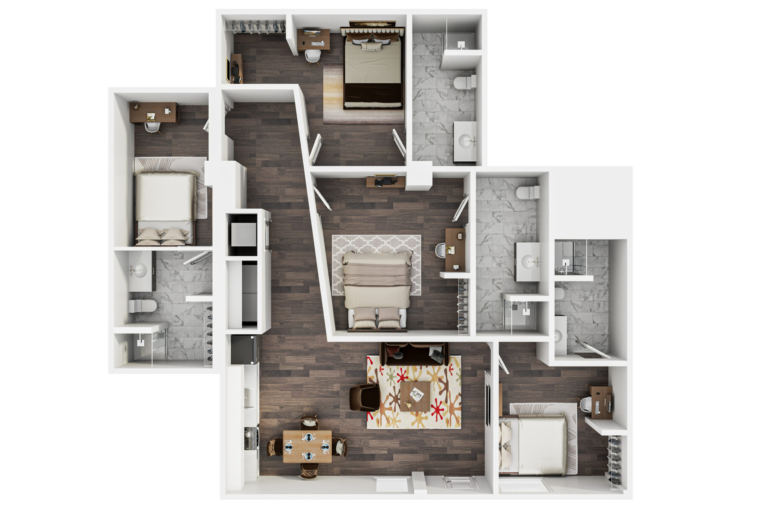 A 3D image of the 4BR/4BA – The Baldwin floorplan, a 1486 squarefoot, 4 bed / 4 bath unit
