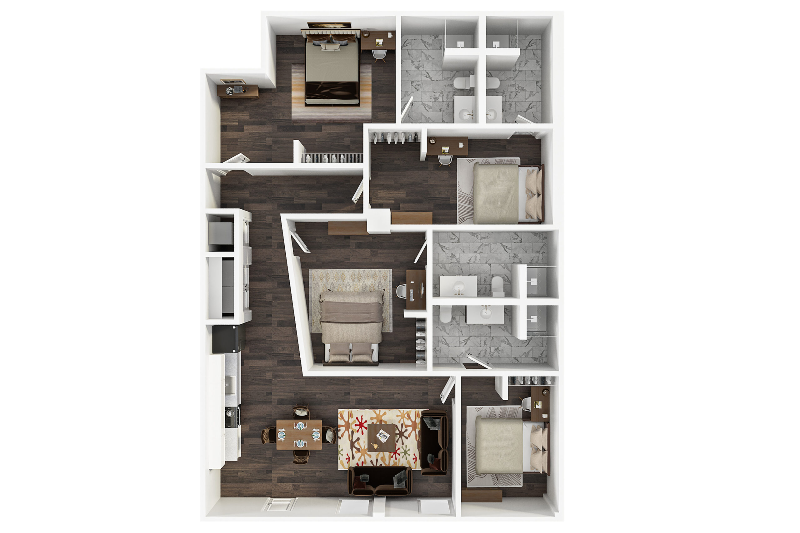A 3D image of the 4BR/4BA – The Bunch floorplan, a 1531 squarefoot, 4 bed / 4 bath unit