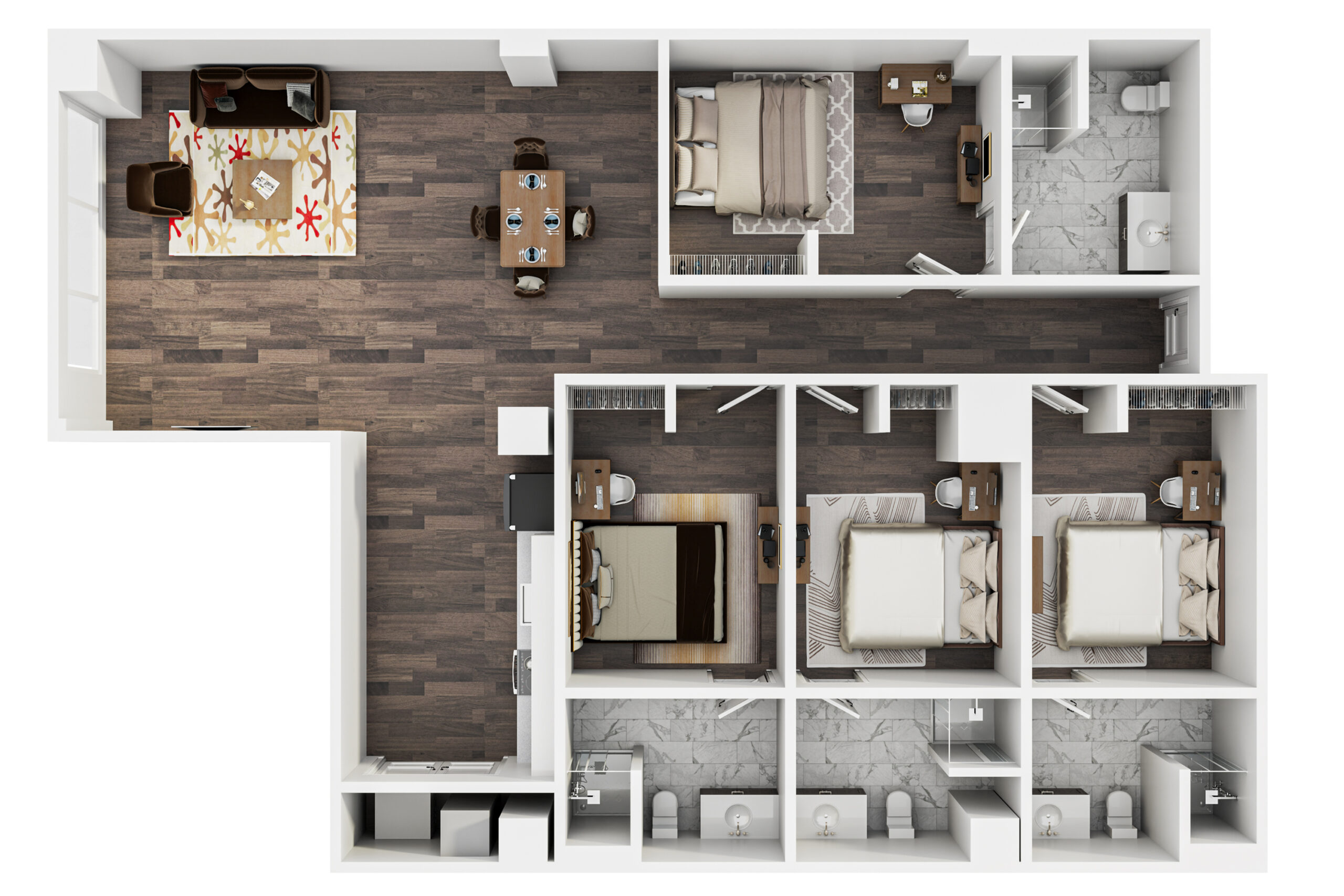 A 3D image of the 4BR/4BA – The Caldwell floorplan, a 1564 squarefoot, 4 bed / 4 bath unit