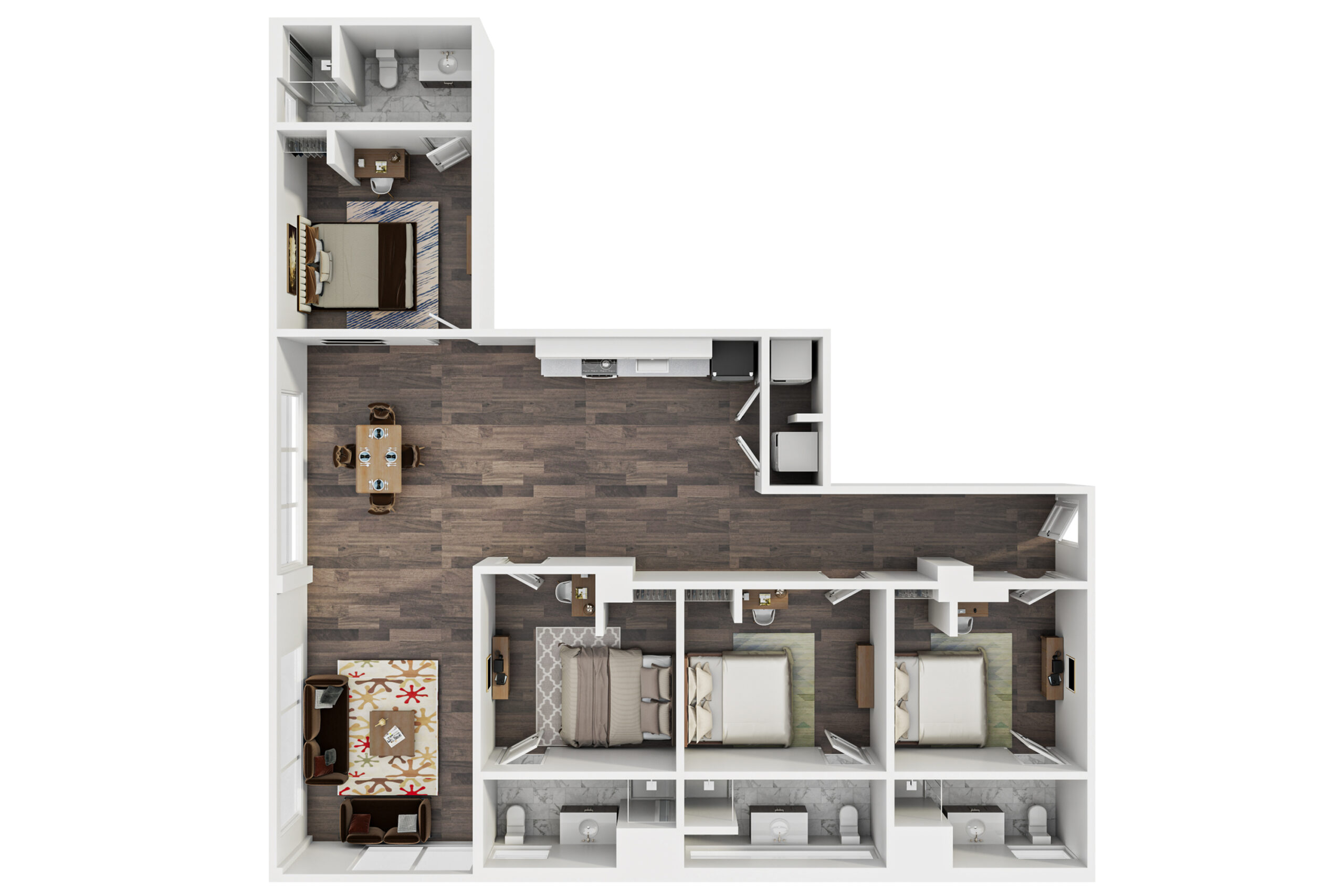 A 3D image of the 4BR/4BA – The Foster floorplan, a 1704 squarefoot, 4 bed / 4 bath unit