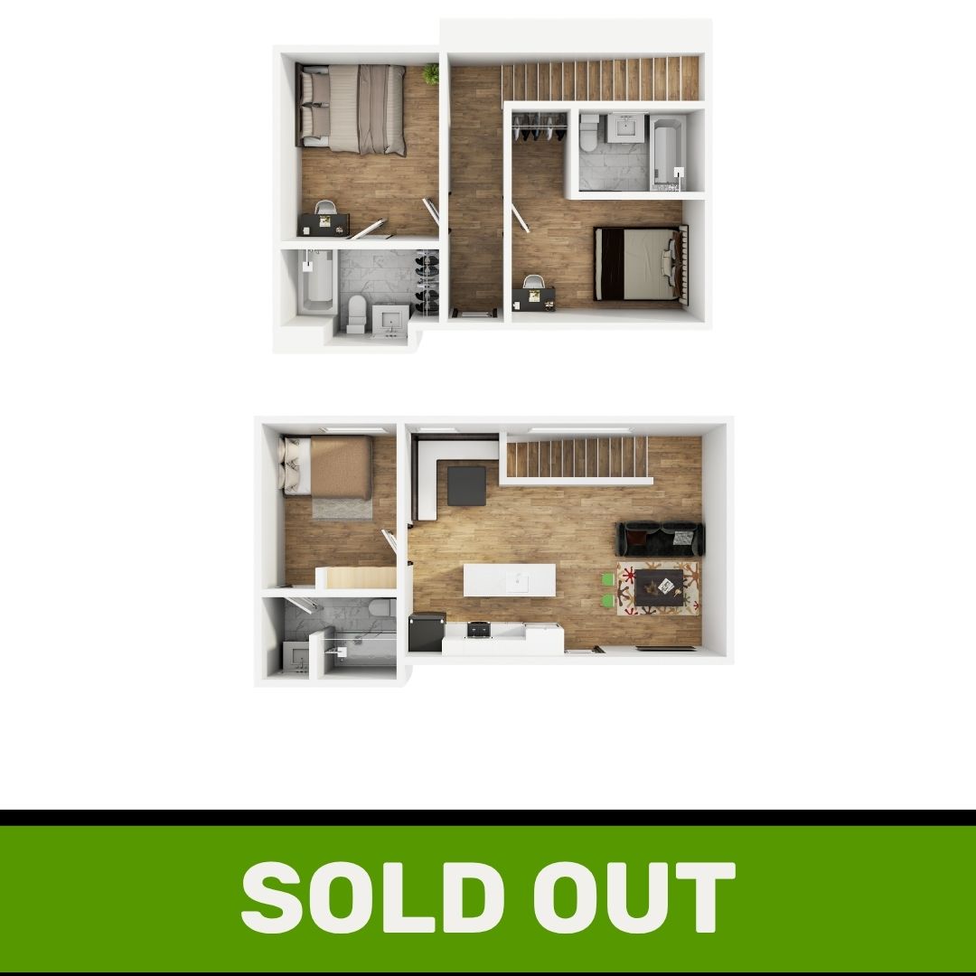 A 3D image of the 3BR/3BA – The Rathskellar floorplan, a 1078 squarefoot, 3 bed / 3 bath unit