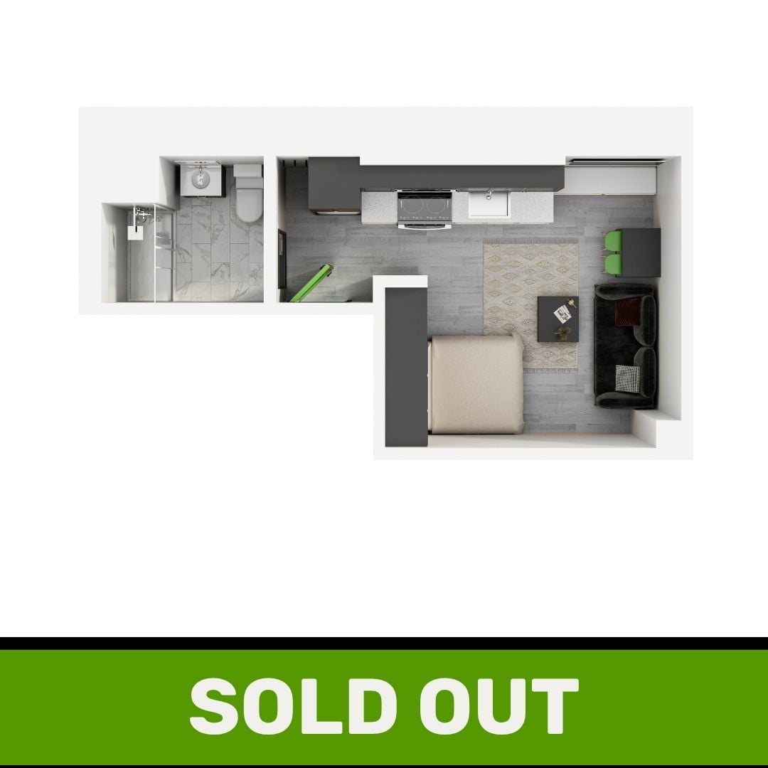 A 3D image of the Studio – The Angelina floorplan, a 340 squarefoot, 0 bed / 1 bath unit