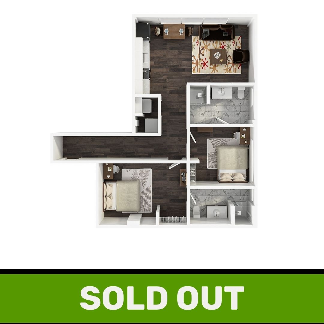 A 3D image of the 2BR/2BA – The Curtain floorplan, a 847 squarefoot, 2 bed / 2 bath unit