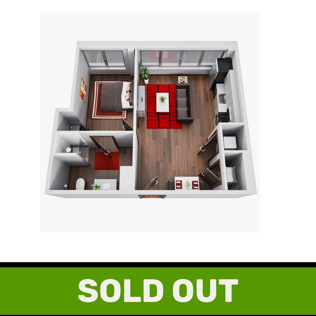 A 3D image of the 1BR/1BA – The McDaniel floorplan, a 636 squarefoot, 1 bed / 1 bath unit