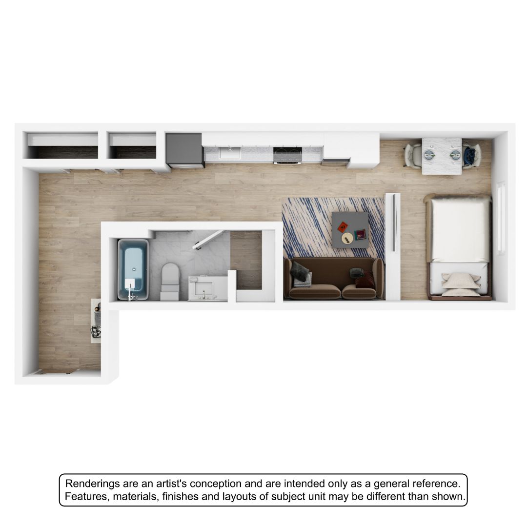 A 3D image of the Studio – Morris floorplan, a 563 squarefoot, 0 bed / 1 bath unit