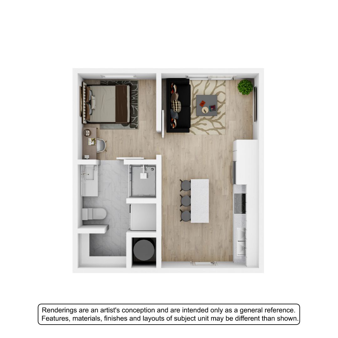 A 3D image of the 1BR/1BA  – Stack floorplan, a 493 squarefoot, 1 bed / 1 bath unit