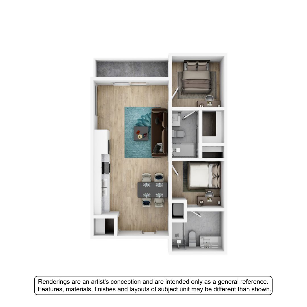 A 3D image of the 2BR/2BA – Glass floorplan, a 855 squarefoot, 2 bed / 2 bath unit