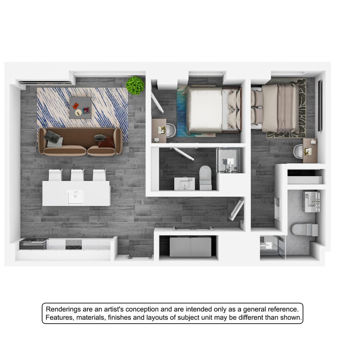 A 3D image of the 2BR/2BA – Gillioz floorplan, a 773 squarefoot, 2 bed / 2 bath unit