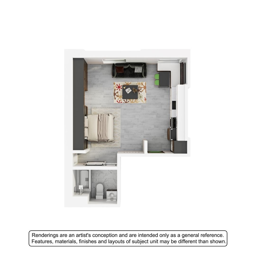 A 3D image of the Studio – The Branch floorplan, a 438 squarefoot, 0 bed / 1 bath unit