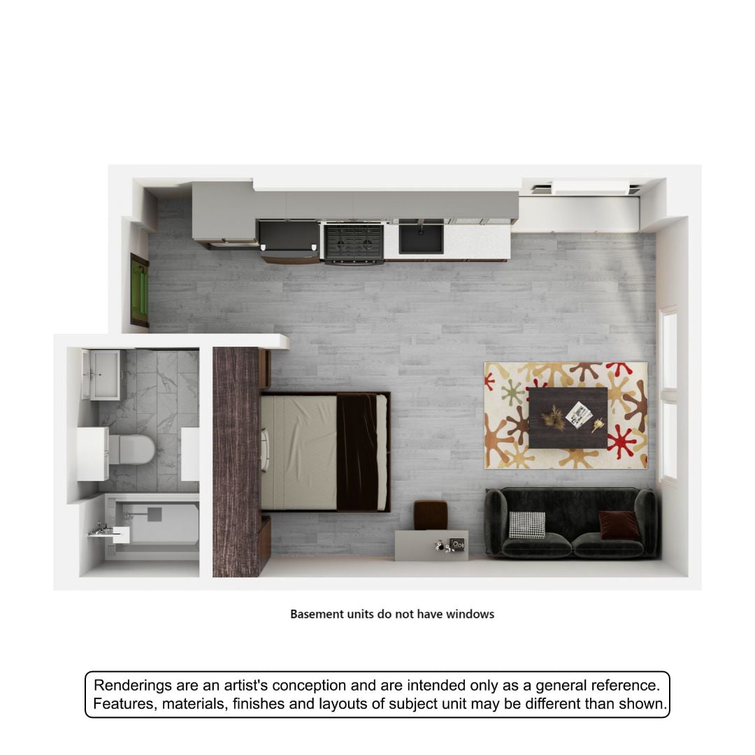A 3D image of the Studio – The Remler floorplan, a 319 squarefoot, 0 bed / 1 bath unit
