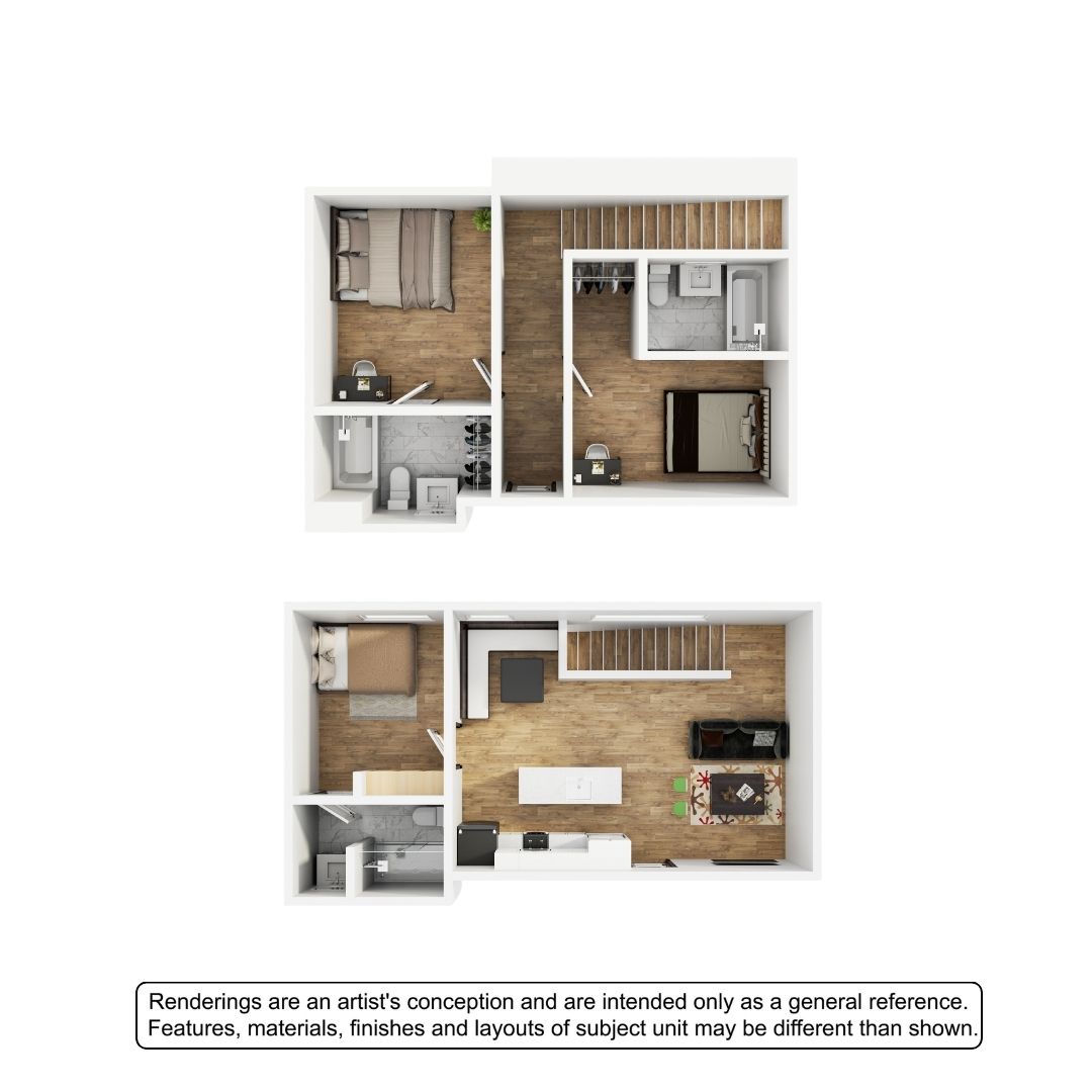 A 3D image of the 3BR/3BA – The Rathskellar floorplan, a 1078 squarefoot, 3 bed / 3 bath unit