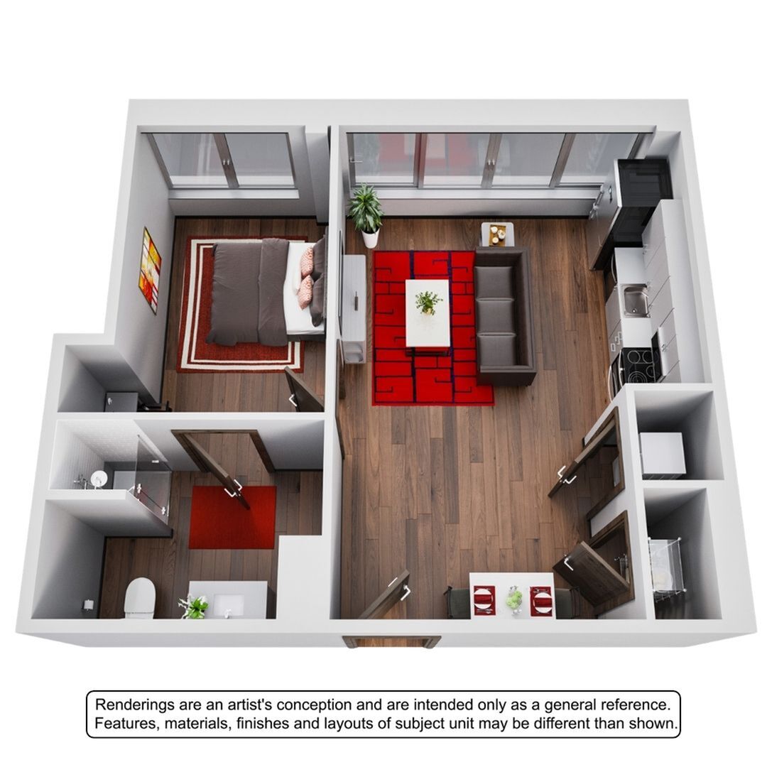 A 3D image of the 1BR/1BA – The McDaniel floorplan, a 636 squarefoot, 1 bed / 1 bath unit