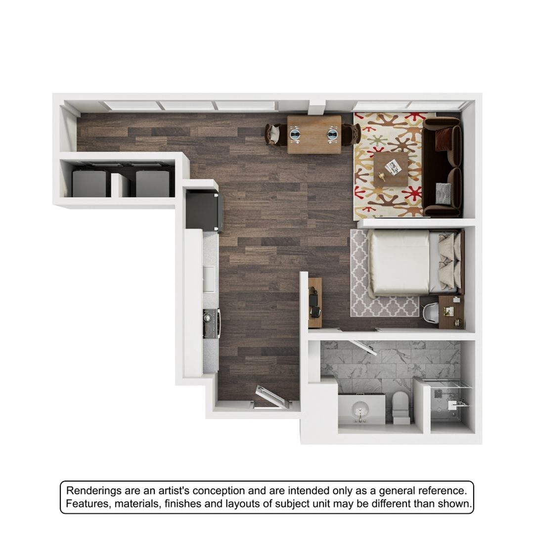 A 3D image of the 1BR/1BA – The Terrazo floorplan, a 506 squarefoot, 1 bed / 1 bath unit