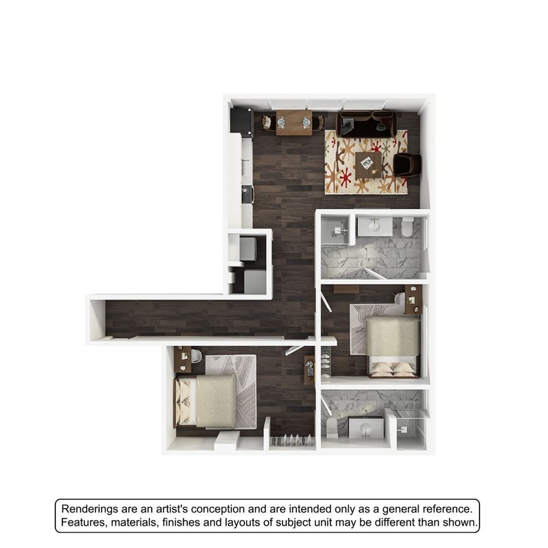 A 3D image of the 2BR/2BA – The Curtain floorplan, a 847 squarefoot, 2 bed / 2 bath unit