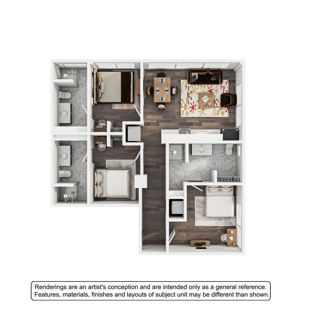 A 3D image of the 3BR/3BA – The Dorsey floorplan, a 995 squarefoot, 3 bed / 3 bath unit