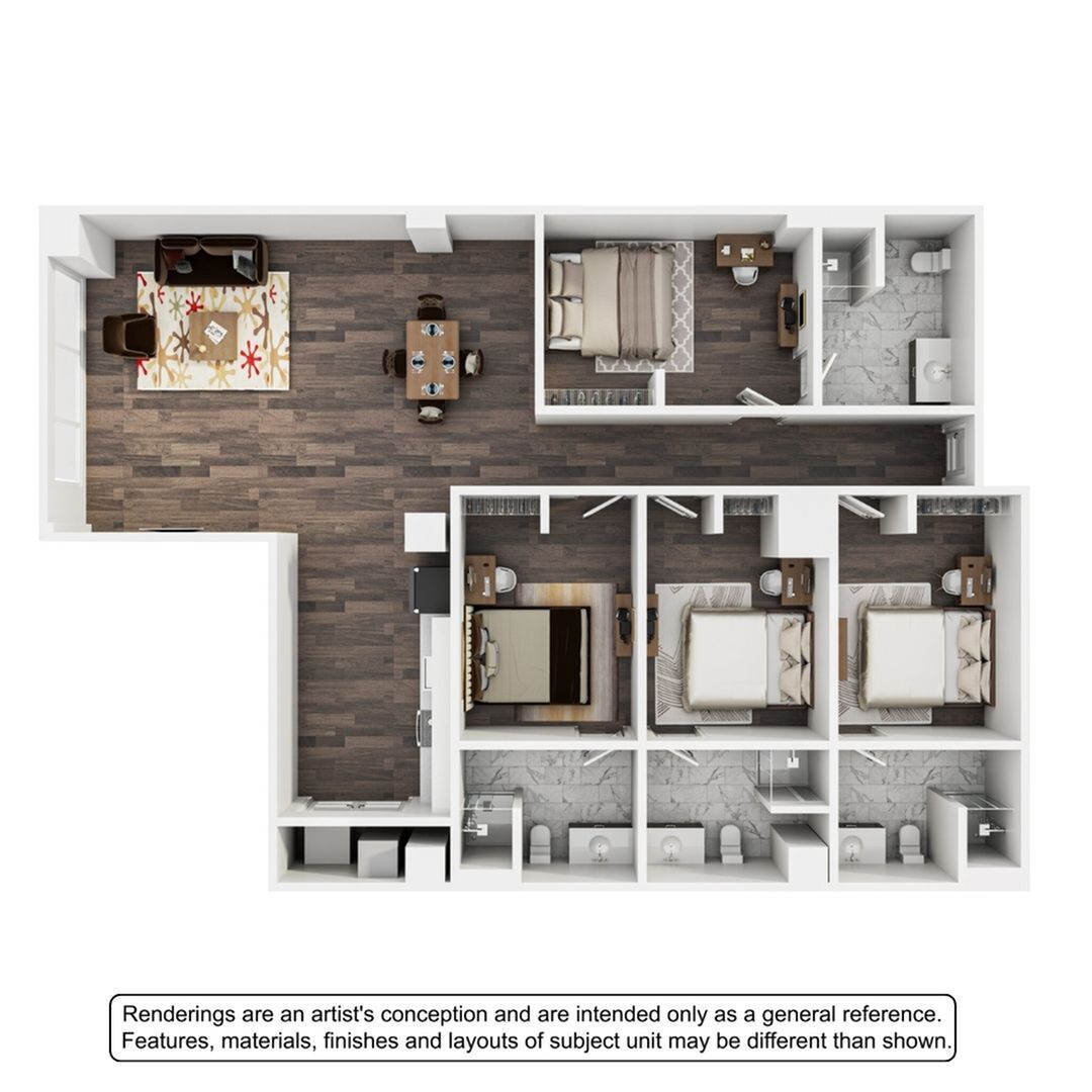 A 3D image of the 4BR/4BA – The Caldwell floorplan, a 1564 squarefoot, 4 bed / 4 bath unit