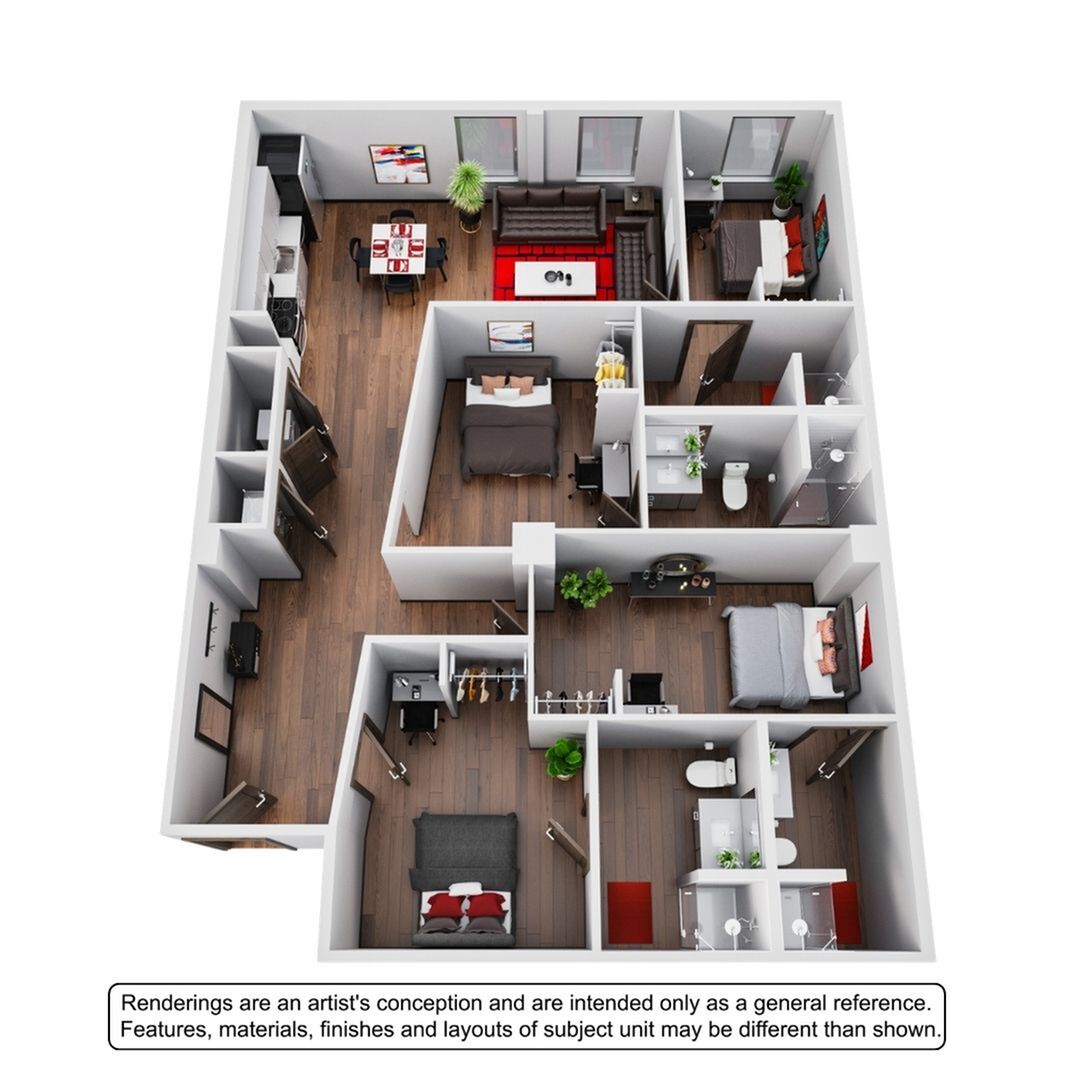 A 3D image of the 4BR/4BA – The Drake floorplan, a 1625 squarefoot, 4 bed / 4 bath unit