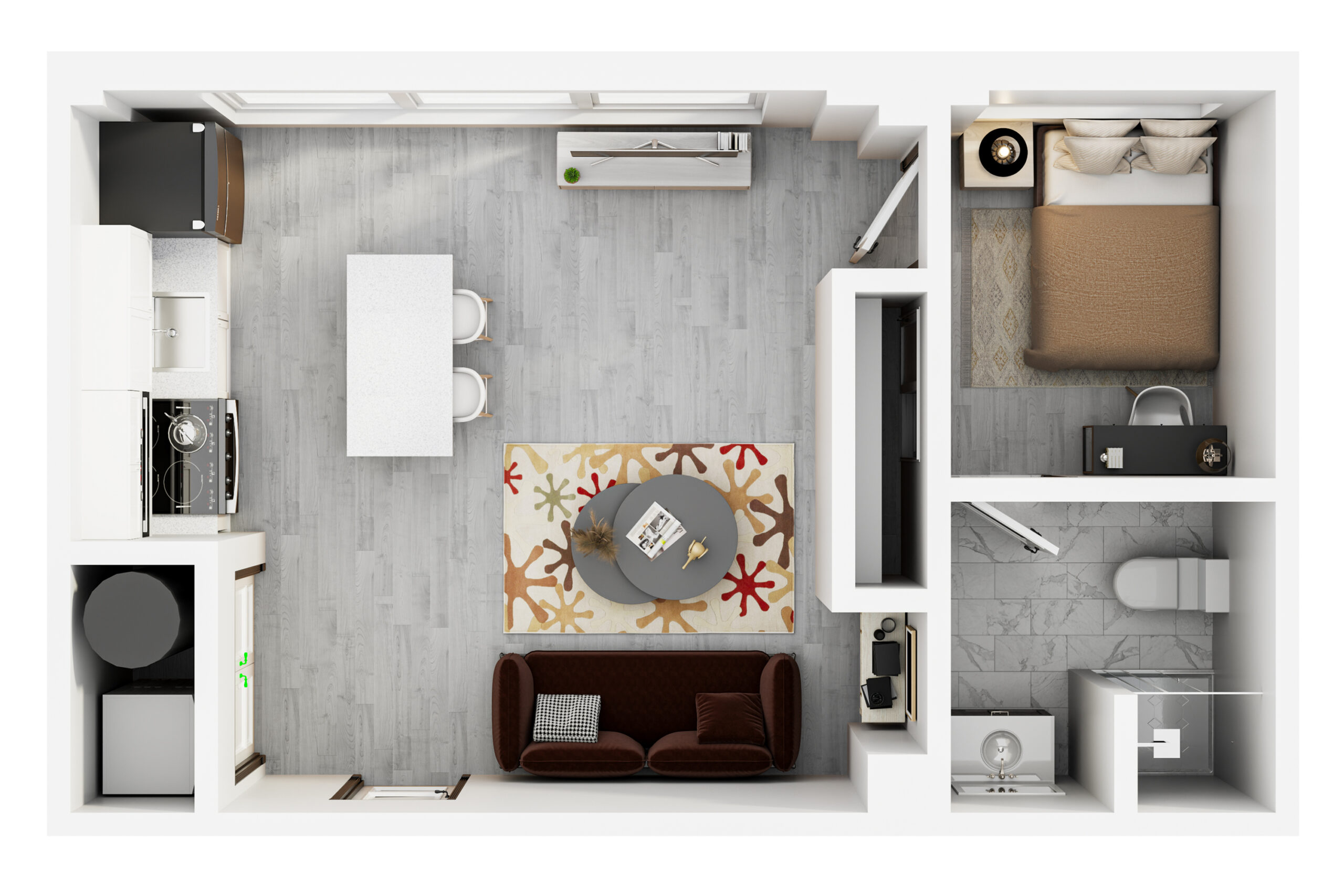 A 3D image of the 1BR/1BA – Hunt floorplan, a 615 squarefoot, 1 bed / 1 bath unit
