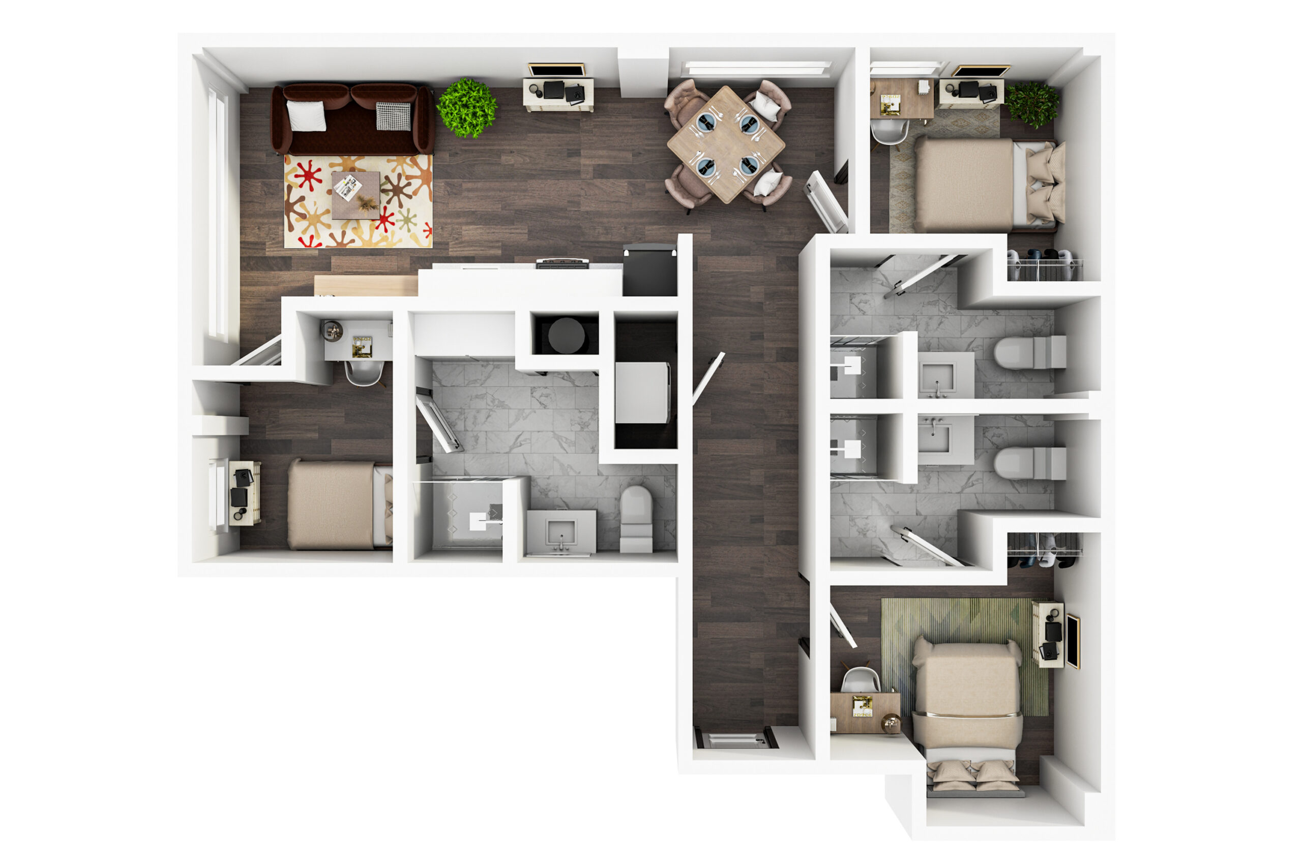 A 3D image of the 3BR/3BA – The Andres floorplan, a 1204 squarefoot, 3 bed / 3 bath unit