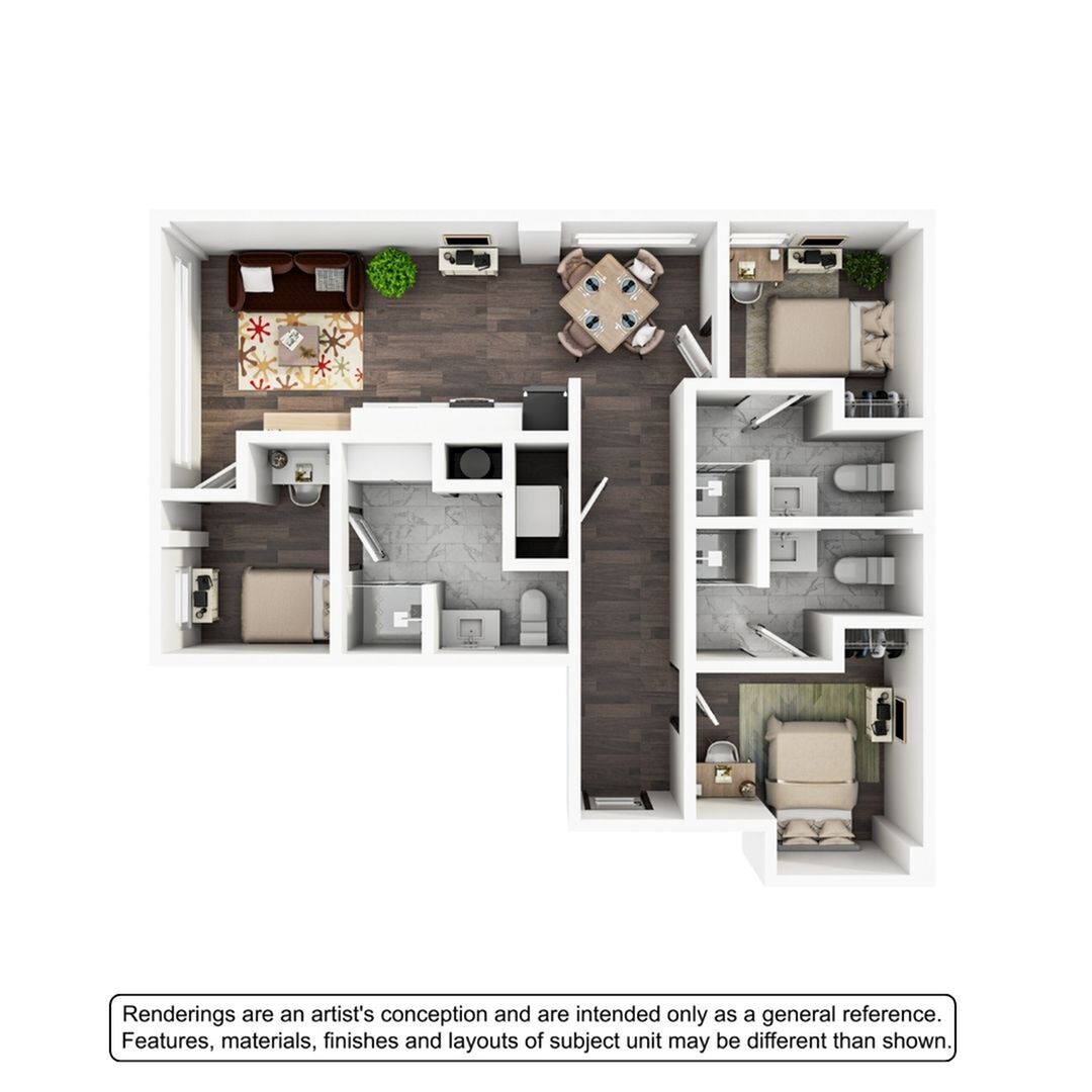 A 3D image of the 3BR/3BA – The Andres floorplan, a 1204 squarefoot, 3 bed / 3 bath unit
